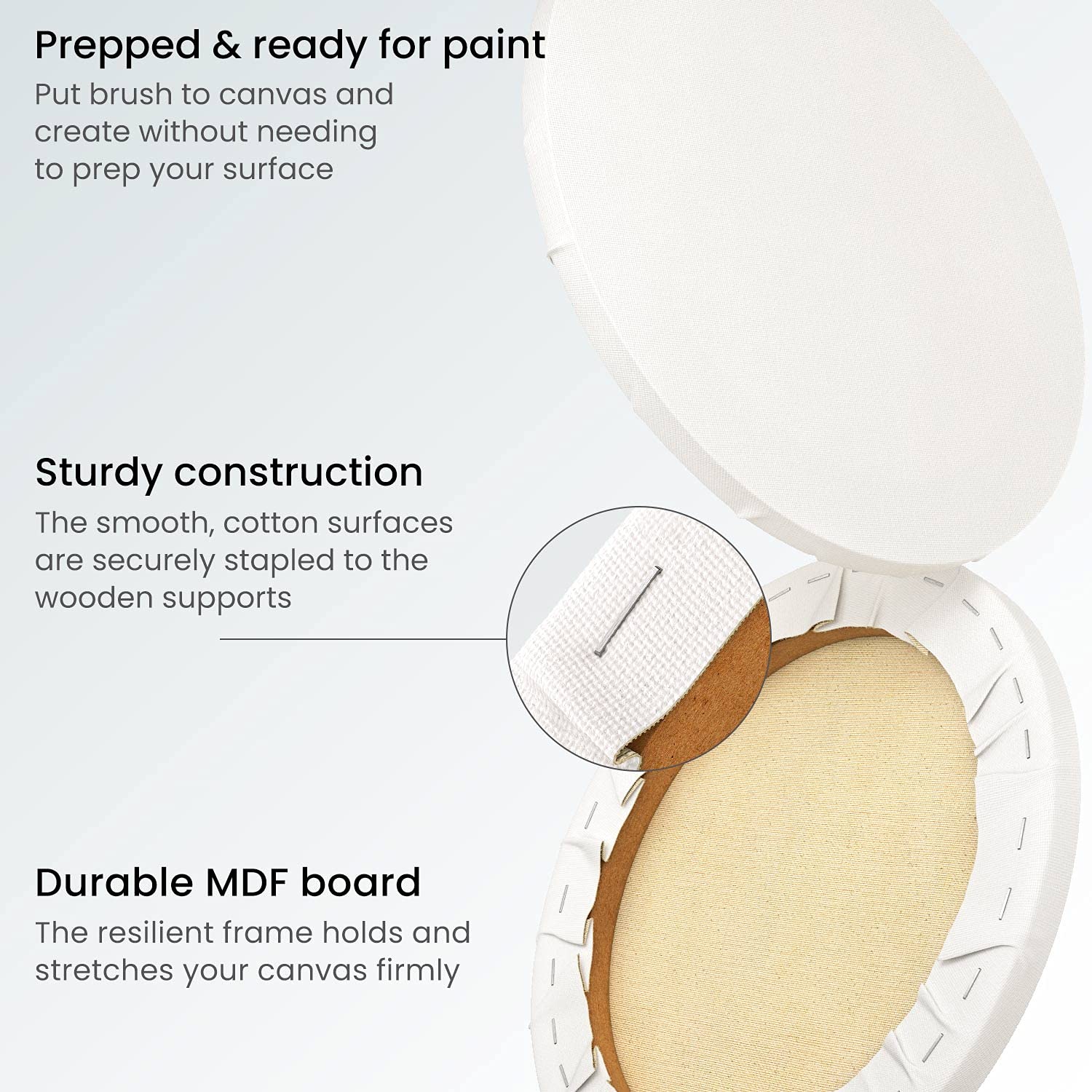 ARTEZA 12 Inch Round Stretched Canvas - Pack of 6 Blank White Painting Panels for Acrylic, Oil & Gouache - Perfect for Artists, Beginners & Home Decor (Wall Art, DIY Projects, Gift Ideas)