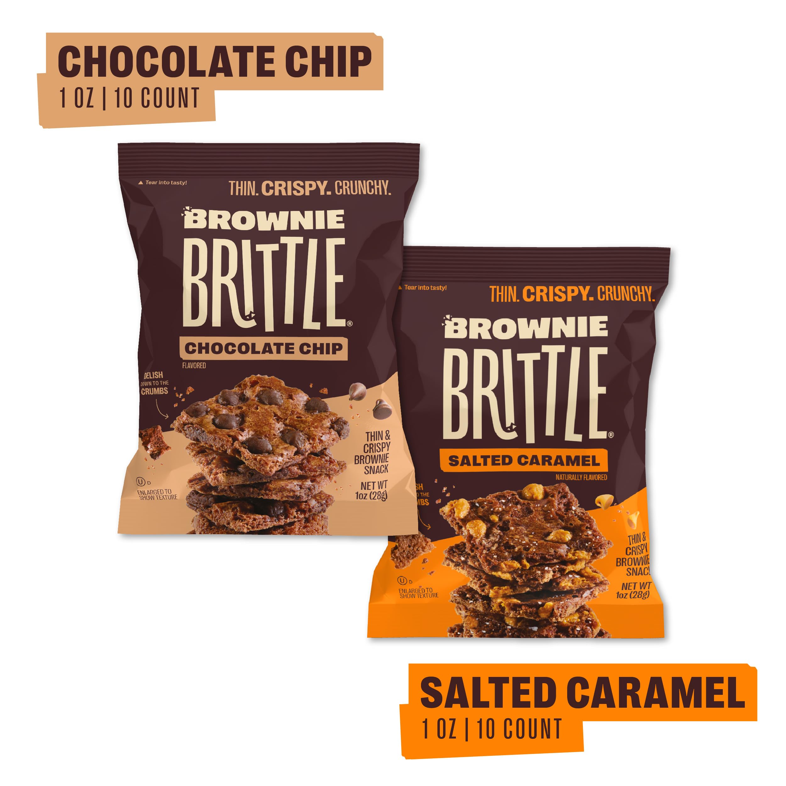 Brownie Brittle - Chocolate Chip & Salted Caramel Thin Crispy Cookies (20 Pack, 1 oz) | Gourmet Brownie Bites for Parties, Gifts & Dessert | Sweet Snack for Office, School & Movie Nights