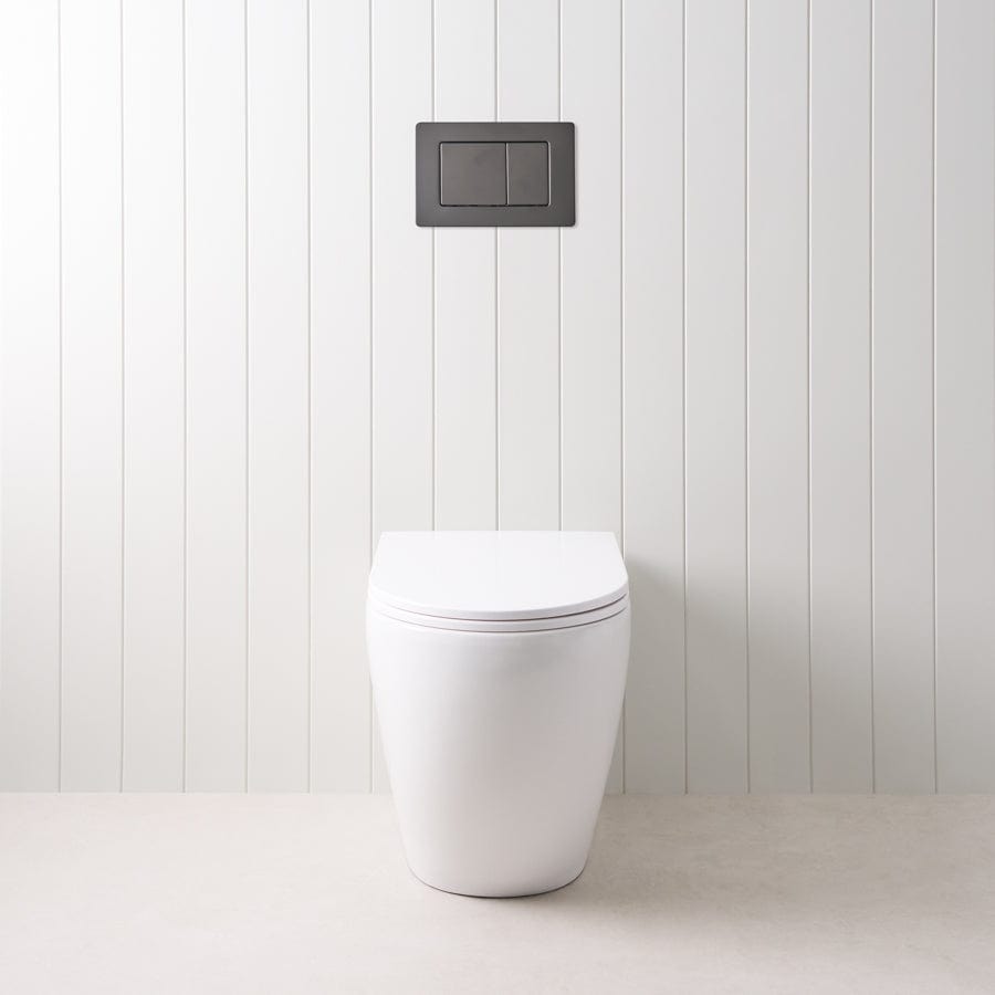 Wall-Mounted Curved Toilet with Rectangle Matte Black Flush Buttons - Space-Saving Modern Bathroom Design for Small Spaces & Contemporary Homes