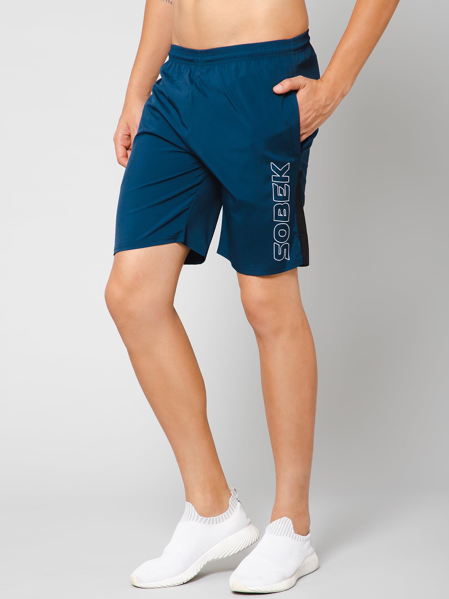 SOBEK Men's Stretchable Running Shorts - Breathable Lycra Activewear with Elastic Waist & Side Zip Pockets - Perfect for Gym, Jogging, and Outdoor Sports