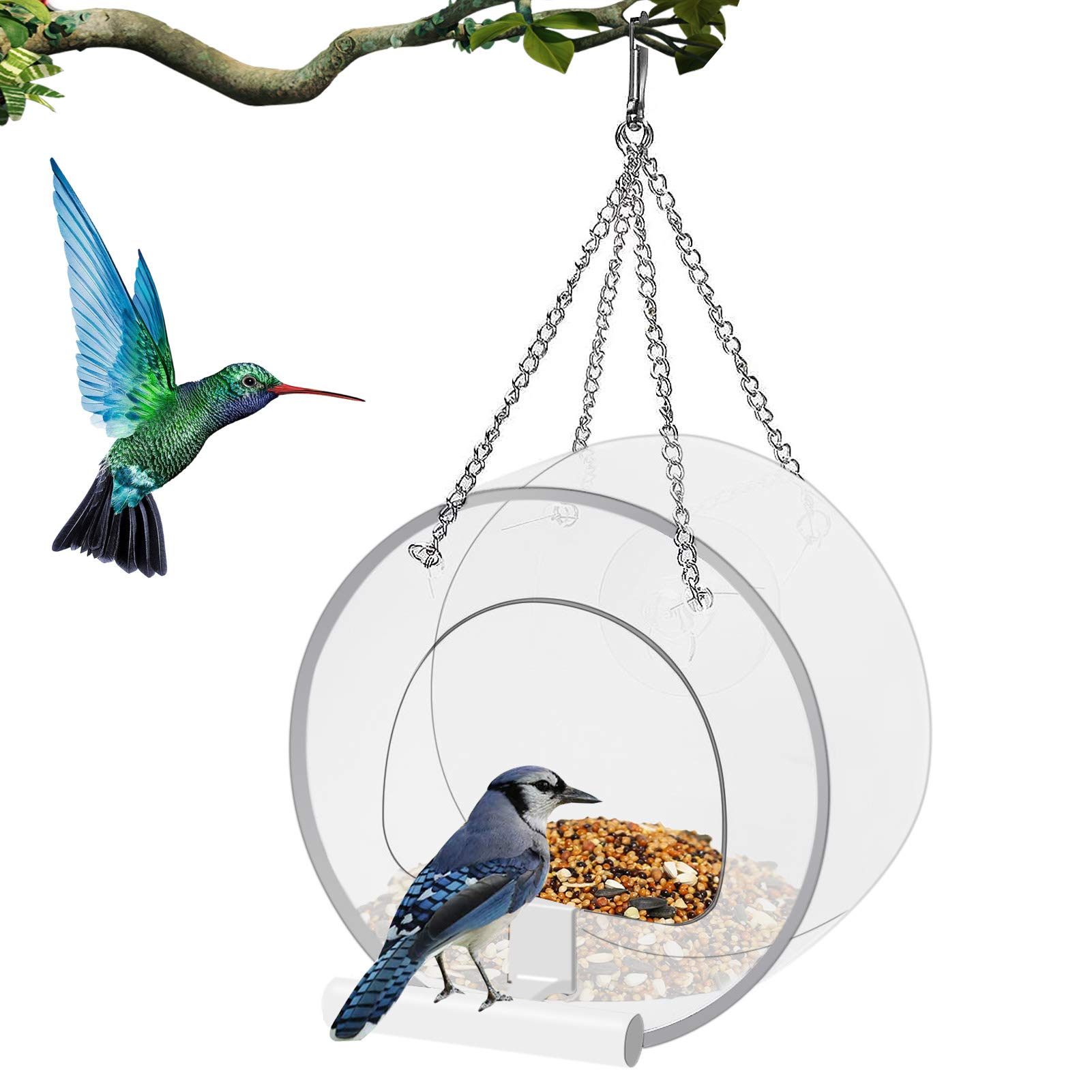 Meideli Hanging Wild Bird Feeder with Suction Cups - Removable Round Window Bird Food Feeder with Drain Holes & Chains - Outdoor Garden Yard Decoration - Attracts Cardinals, Finches & Sparrows for Bird Watching