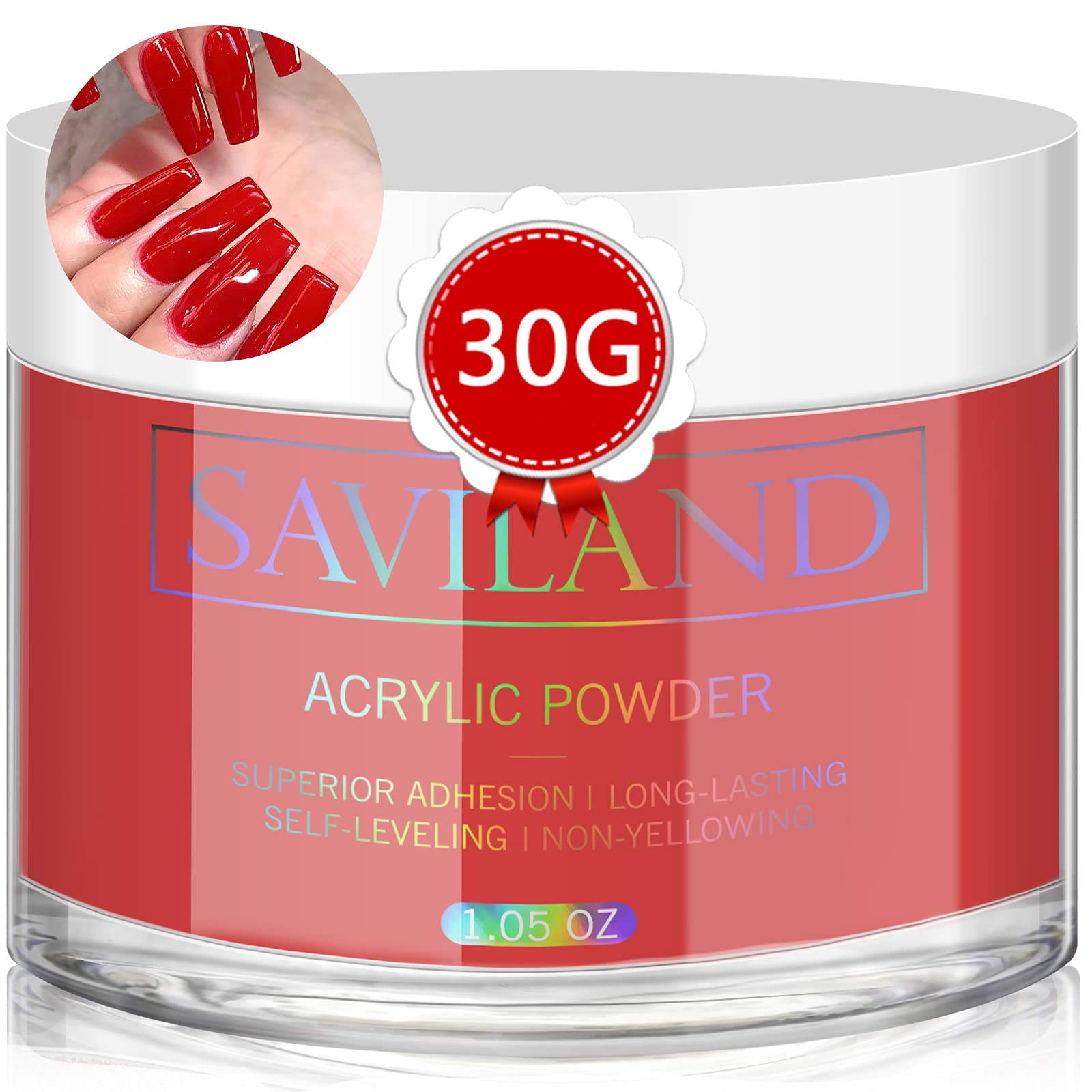 Saviland Red Acrylic Nail Powder - 30g Professional Polymer Powder for Acrylic Nail Extensions & 3D Nail Art, No UV Lamp Needed - Perfect for Salon, Home Manicures & Nail Art Designs