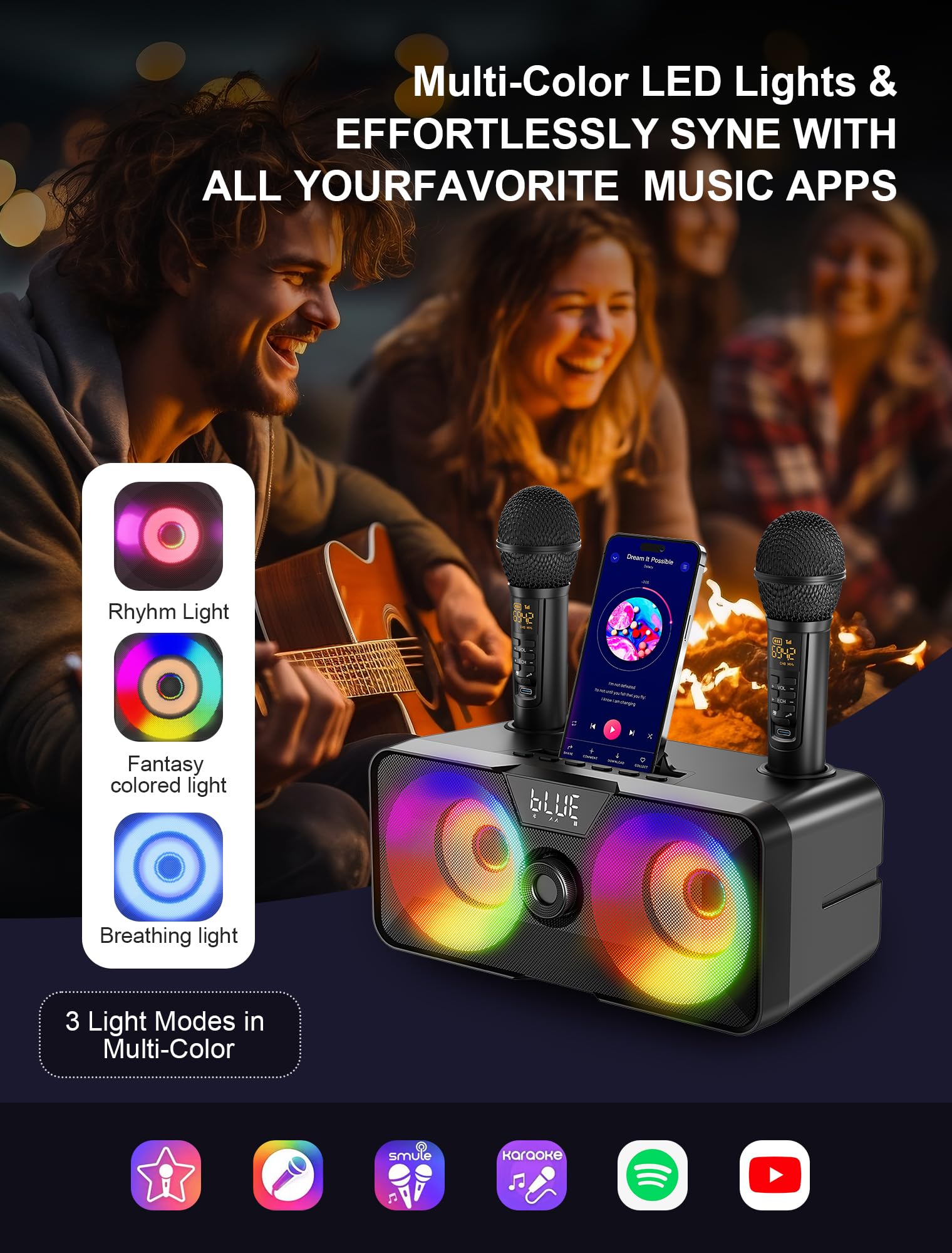 Portable Bluetooth Karaoke Machine with 2 UHF Wireless Microphones & LED Lights - Home Party Speaker System for Adults & Kids | Indoor/Outdoor Use, Weddings, Church Events, Birthday Gifts & Family Gatherings