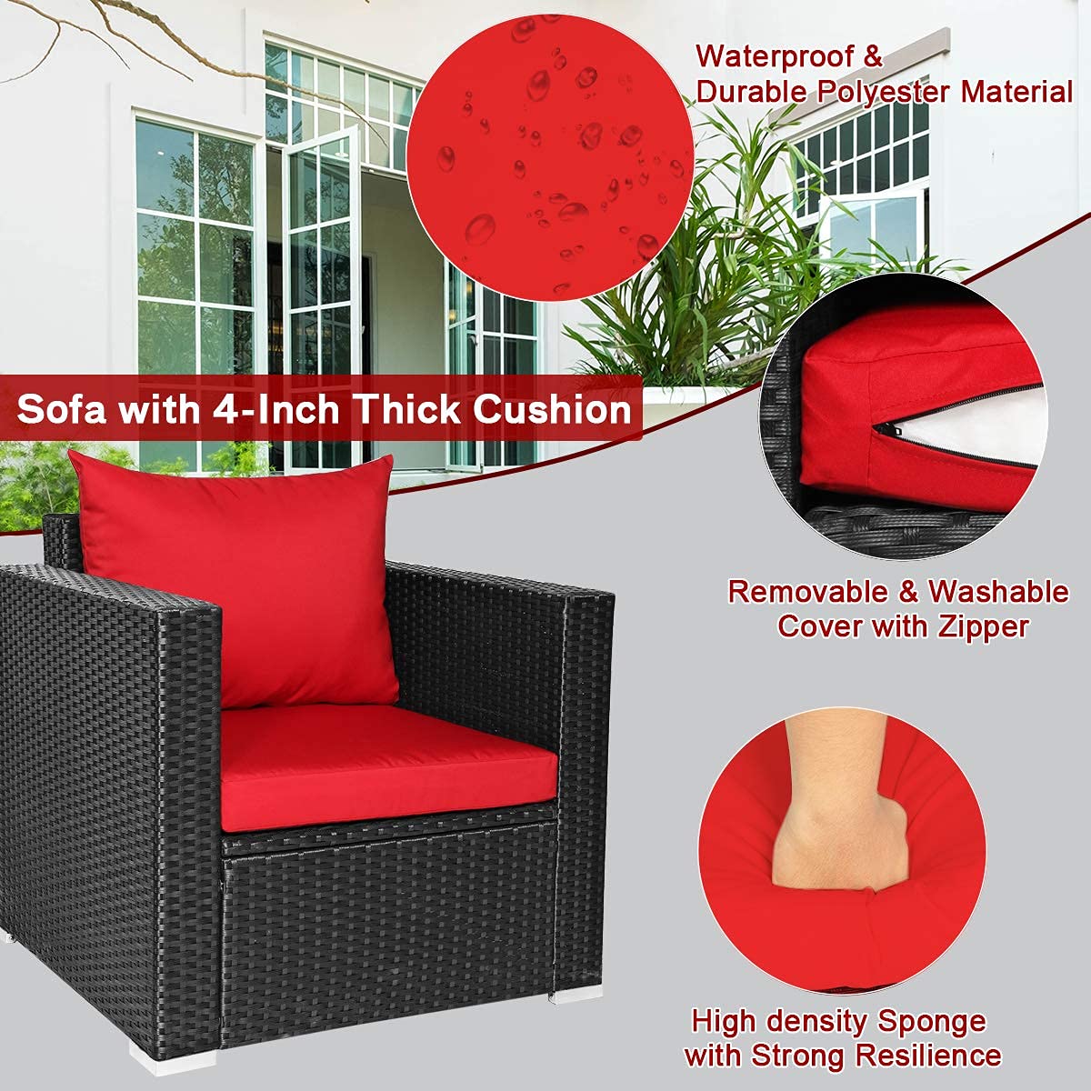 4-Piece Patio Rattan Chair Set with Tempered Glass Coffee Table & Cushions - Outdoor Wicker Sectional Sofa Conversation Set for Garden, Yard, Poolside (Red) - Perfect for Relaxing, Entertaining & Lounging in Your Outdoor Space