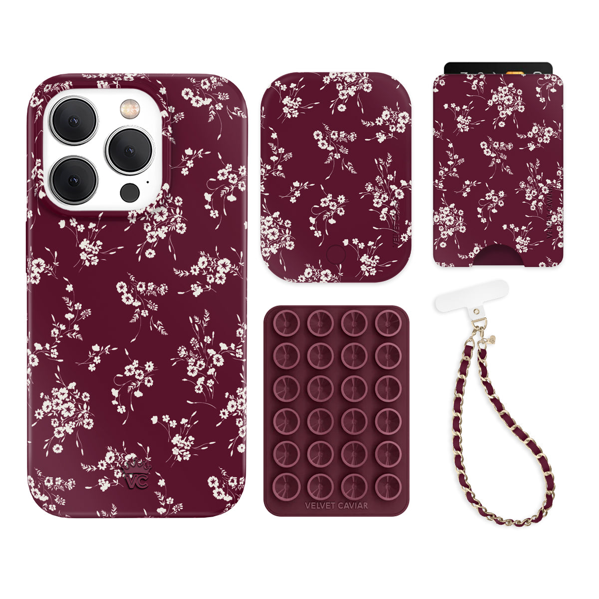 French Burgundy Floral iPhone Case with Wallet - Stylish Phone Accessory for Women | Perfect for Everyday Use, Travel & Shopping