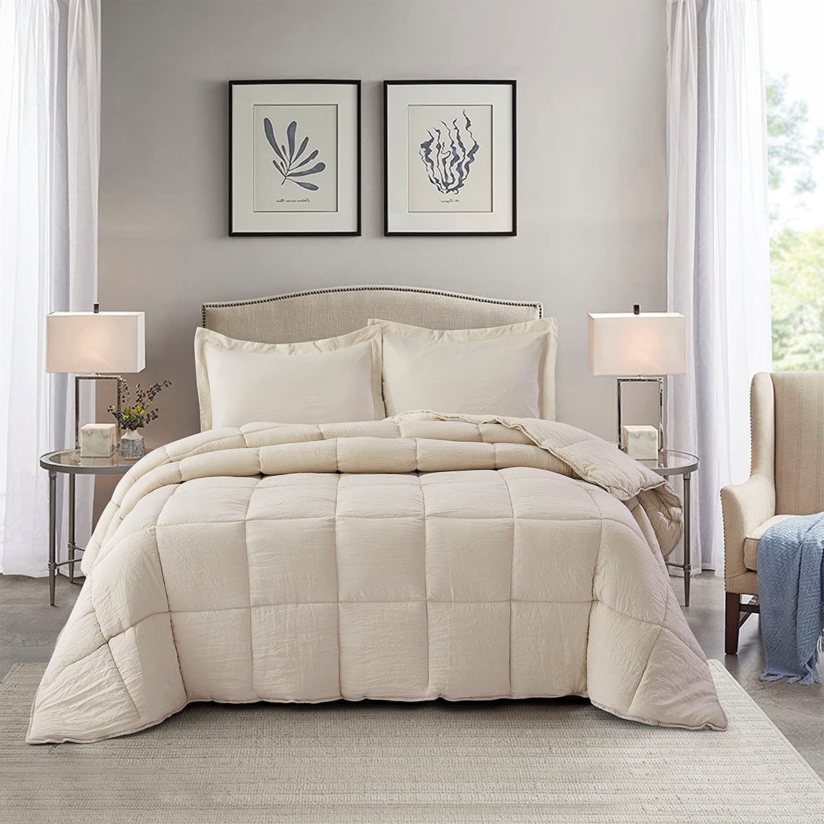 3-Piece All-Season Down Alternative Quilted Comforter Set with Corner Tabs - Super Soft Fiberfill Duvet Insert - Box Stitched Farmhouse Style Bedding for Twin & Twin XL - Prewashed Light Khaki - Perfect for Cozy Bedrooms & Guest Rooms