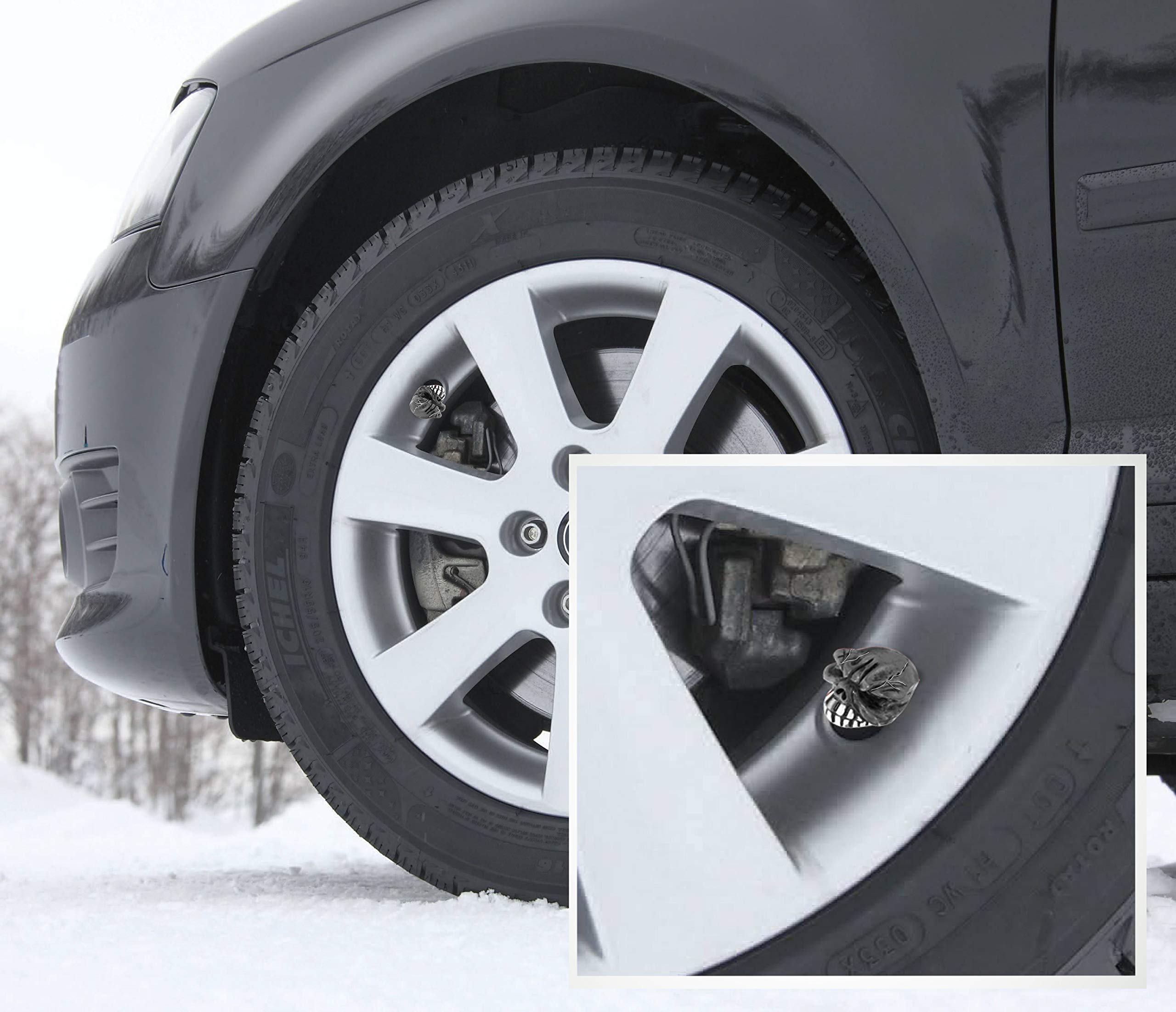Arenbel Skull Valve Stem Caps 4 Pack - Black Metal Tire Valve Covers for Cars, SUVs, Trucks, Motorcycles & Bicycles - Durable Car Accessories for Customization & Off-Road Protection