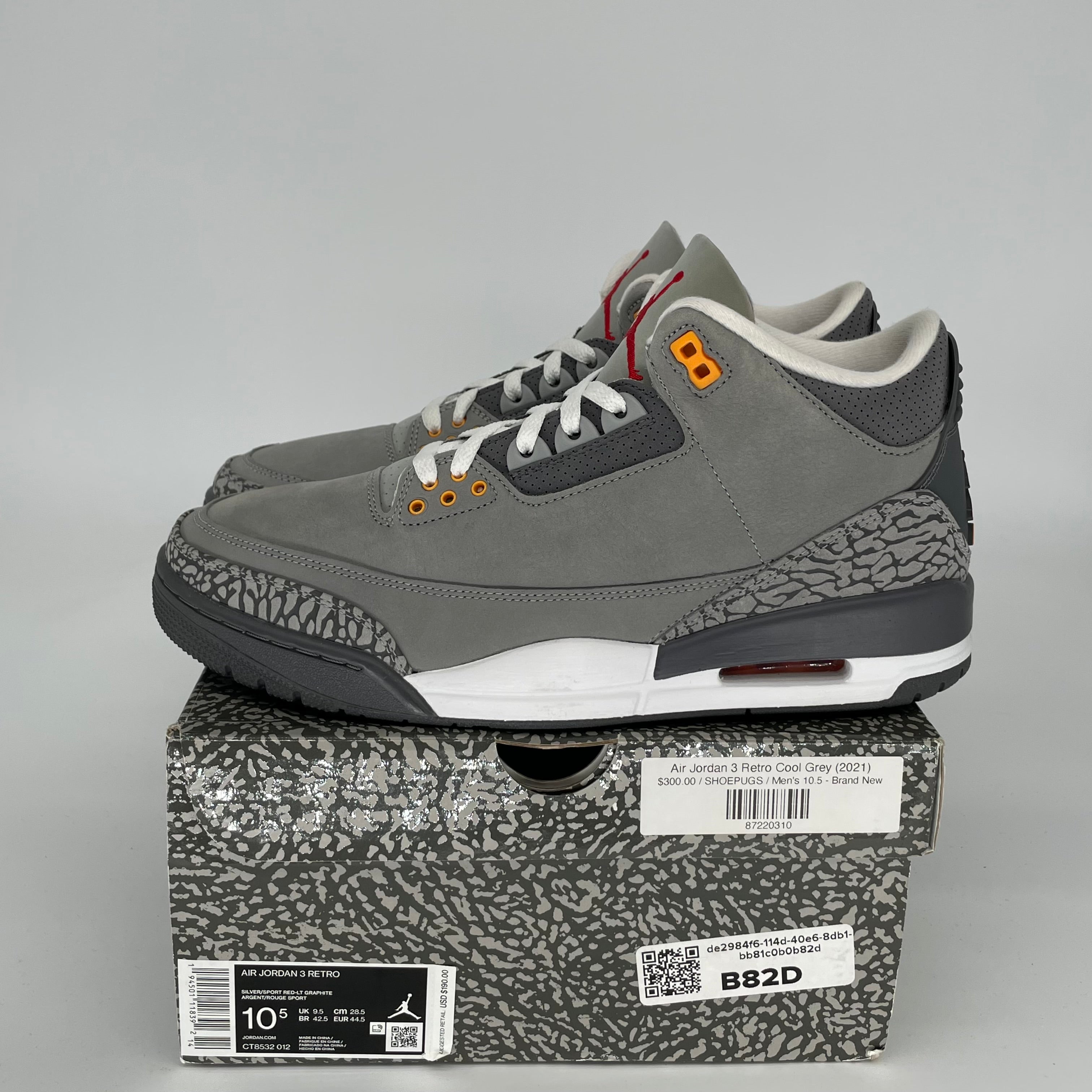 Original Air Jordan 3 Retro 'Cool Grey' Men's Basketball Shoes Size 10.5 (CT8532-012) - Perfect for Streetwear, Sneaker Collecting & Casual Fashion