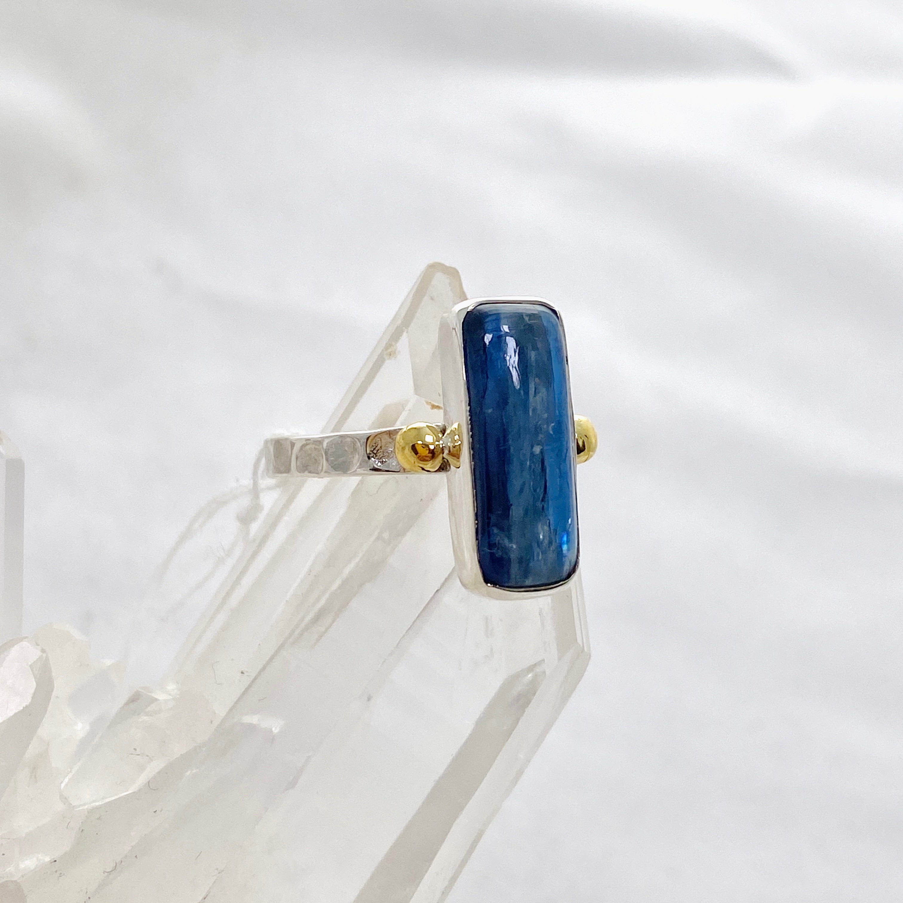 Blue Kyanite Rectangular Cabochon Ring with Brass Accents - Size 8 - Handmade Boho Jewelry for Women - Perfect for Meditation, Spiritual Healing & Everyday Wear KRGJ3279