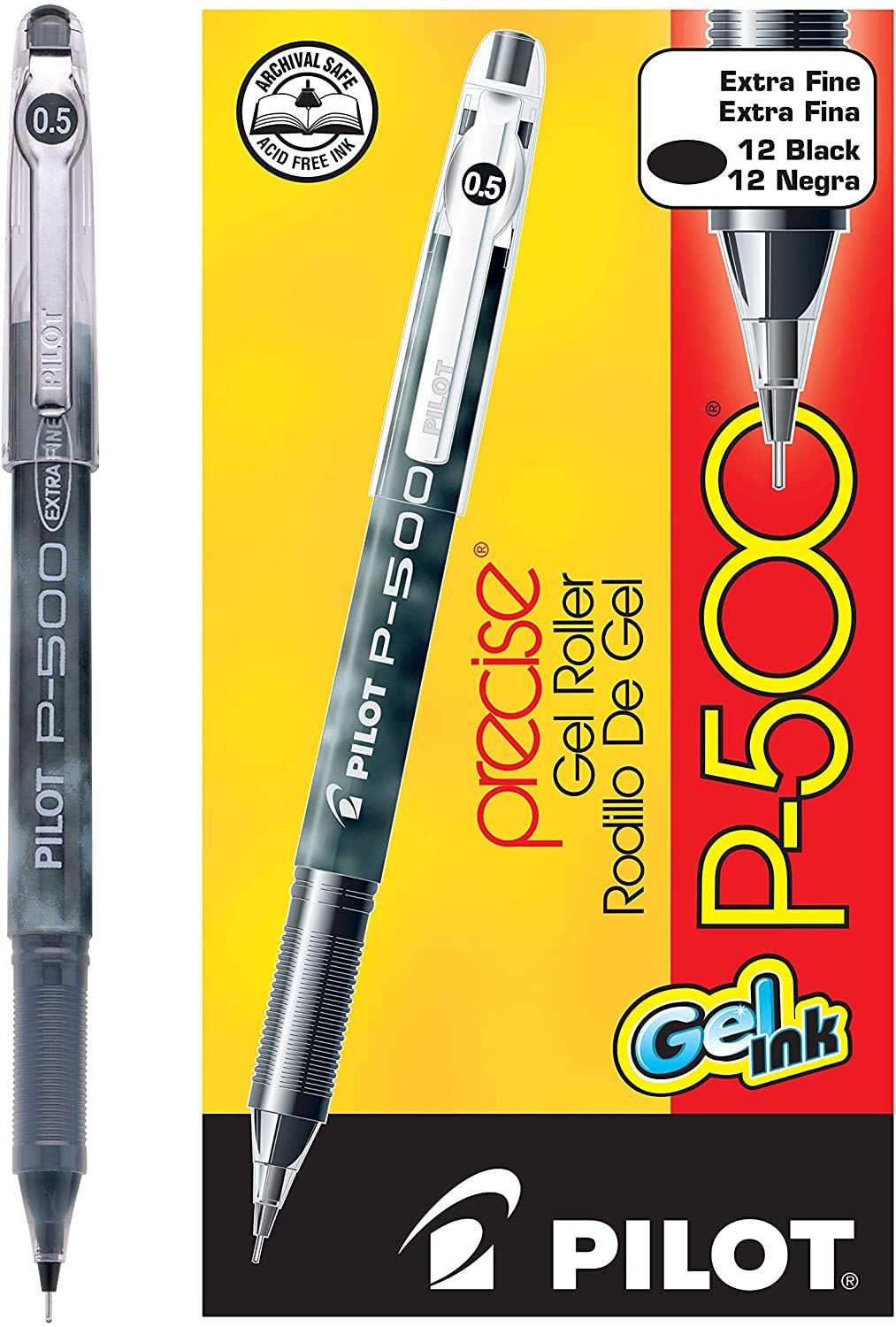 PILOT Precise P-500 Extra Fine Point Gel Ink Rolling Ball Pens - 12 Pack (38600) - Black Ink for Writing, Note Taking & Office Work - Smooth & Precise for Students, Professionals & Artists