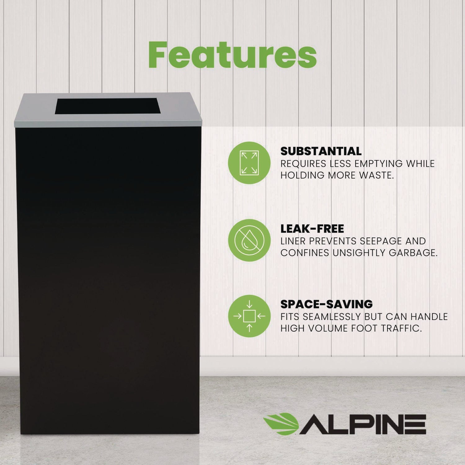 Alpine Industries 29 Gallon Steel Trash Can & Recycling Bin with Square Lid - Heavy Duty Black Garbage Can for Kitchen, Office, Garage Waste Disposal