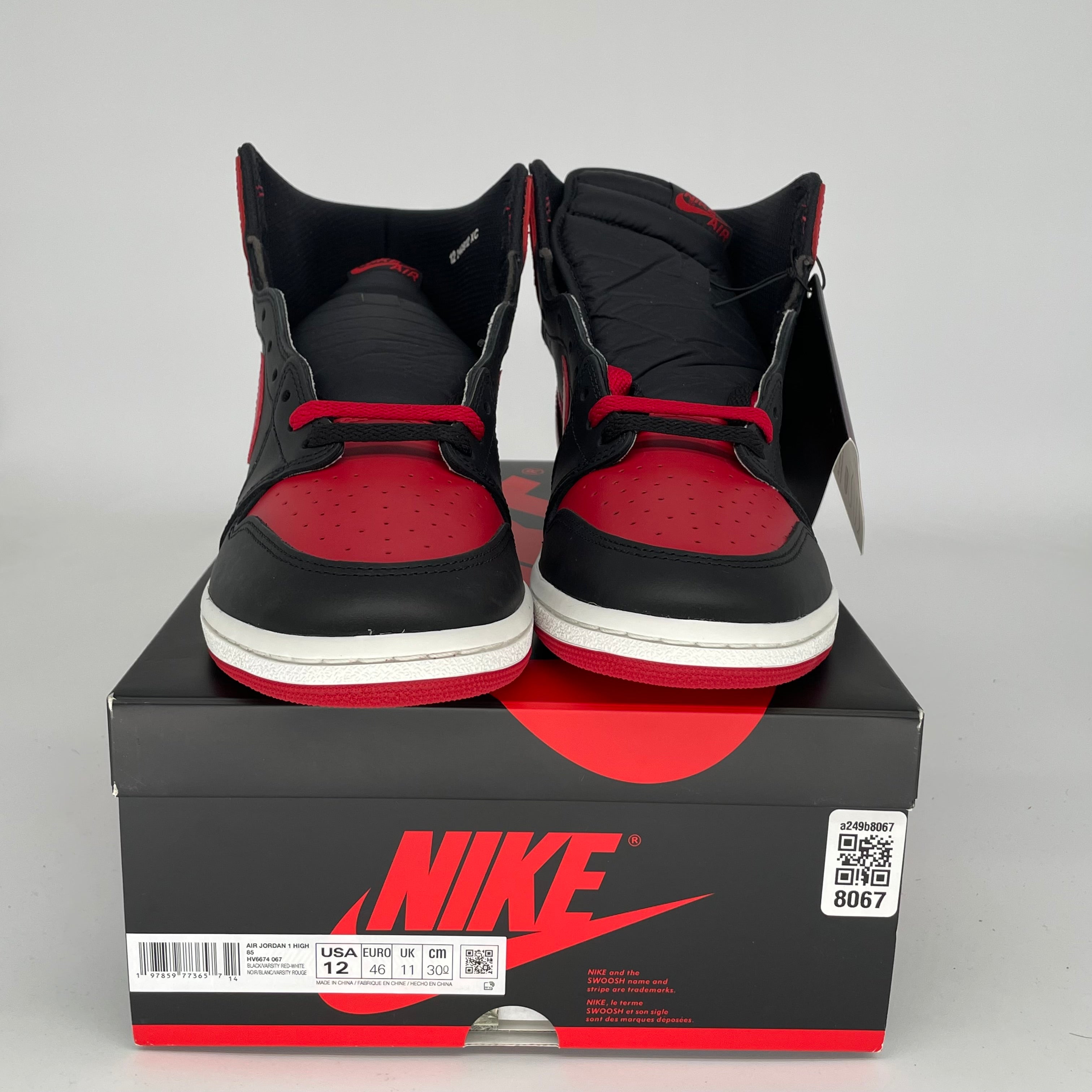 Original Air Jordan 1 Retro High '85 Bred Black/Red Size 12 Men's Basketball Shoes HV6674-067 - Perfect for Sneaker Collectors & Streetwear Fashion
