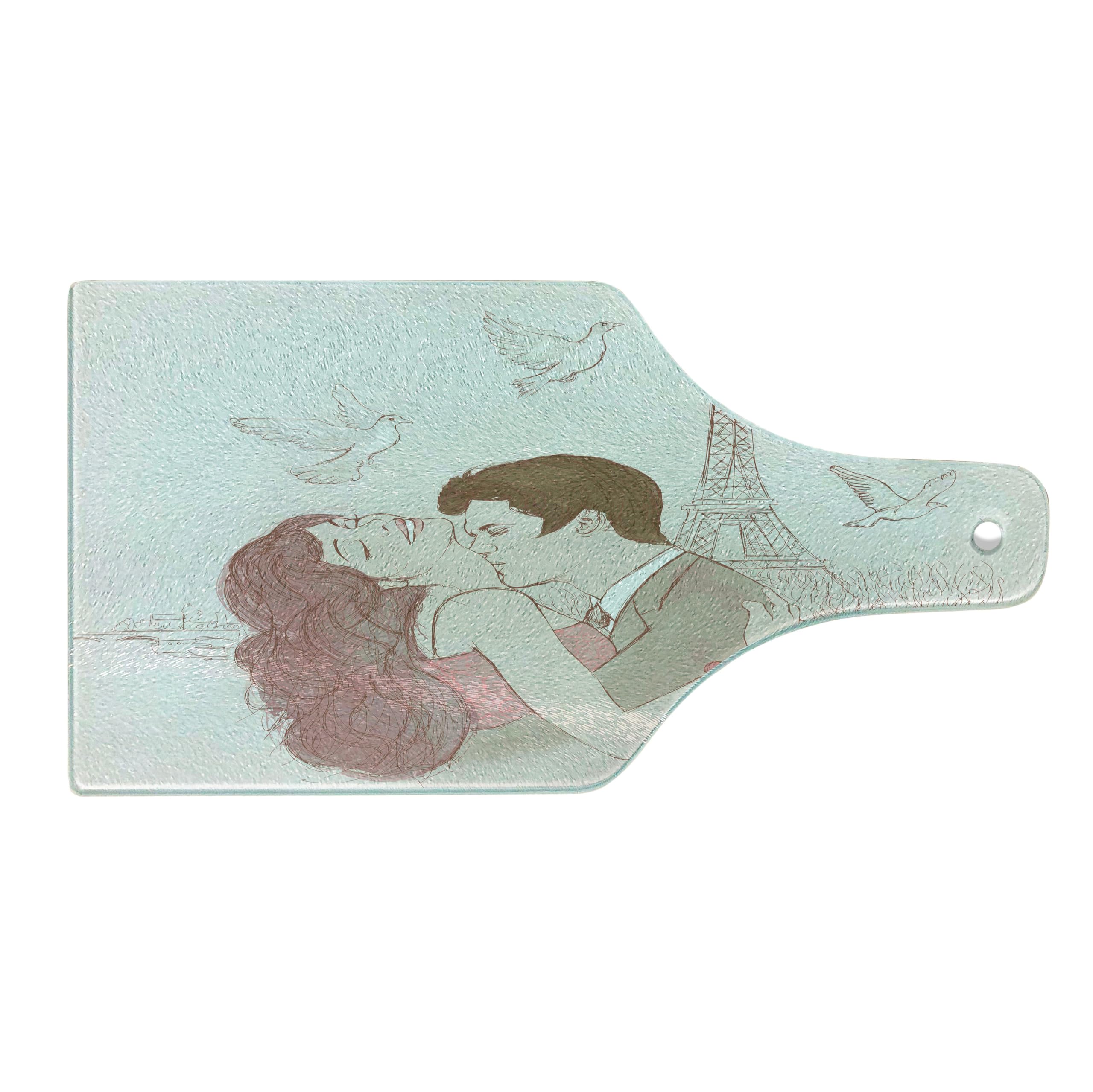 Ambesonne Romantic Wine Bottle Shaped Glass Cutting Board - Paris Love Scene with Eiffel Tower & Flying Doves - Tempered Glass Serving Board for Kitchen & Dining - Perfect for Valentine's Gifts, Anniversary Presents & Romantic Dinners