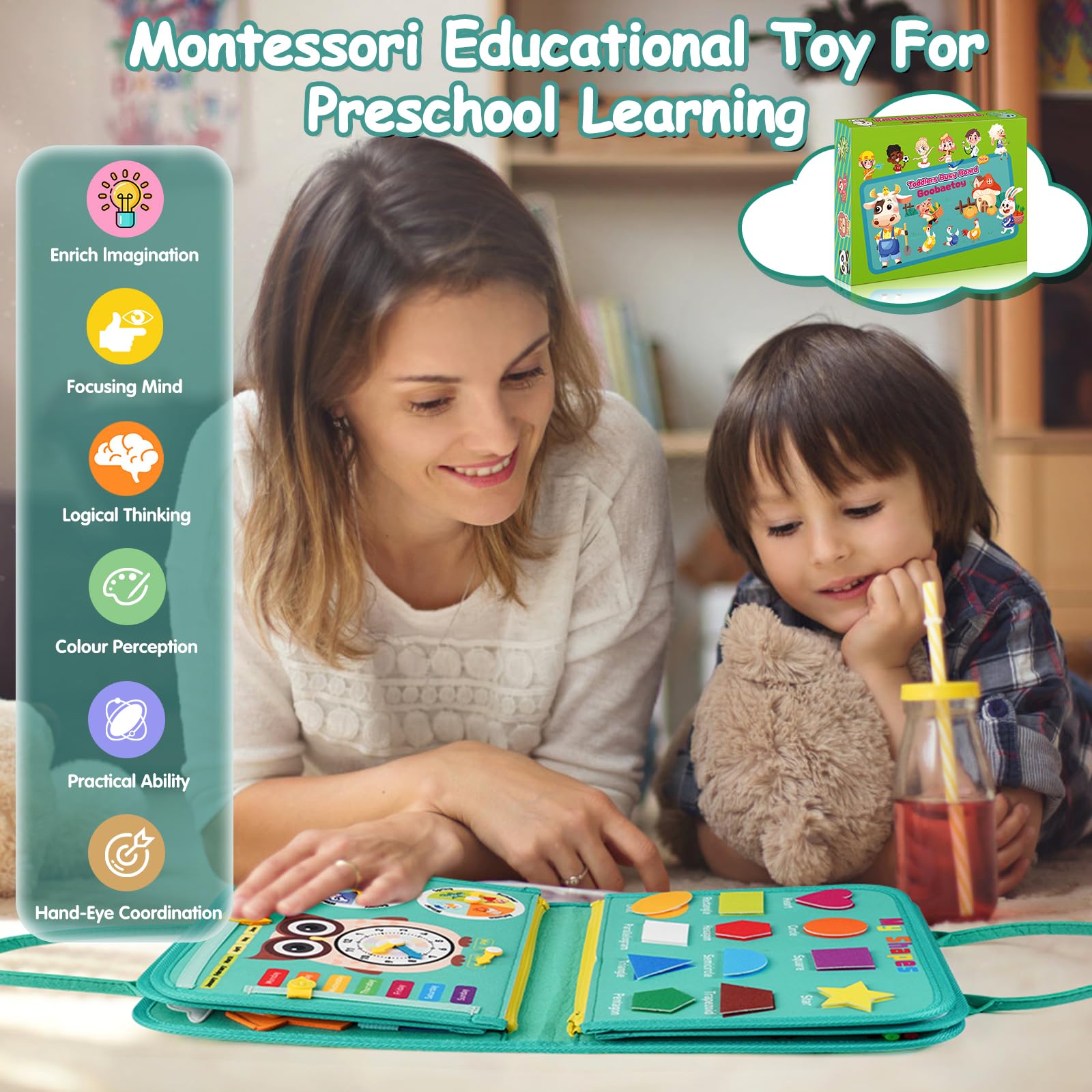 Montessori Busy Board Sensory Toy for Toddlers 1-6 Years Old - 10 Pages & 32 Educational Activities - Airplane & Car Travel Learning Toy - Autism Friendly - Birthday Gift for Boys & Girls (Cyan) | Perfect for Travel, Home Learning & Sensory Development