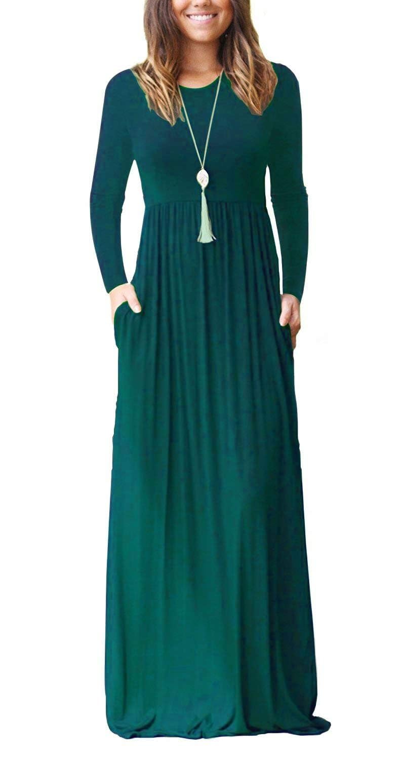 MISFAY Women's Long Sleeve Loose Plain Maxi Dress with Pockets - Casual Flowy Long Dress for Everyday Wear, Beach, Travel & Date Night