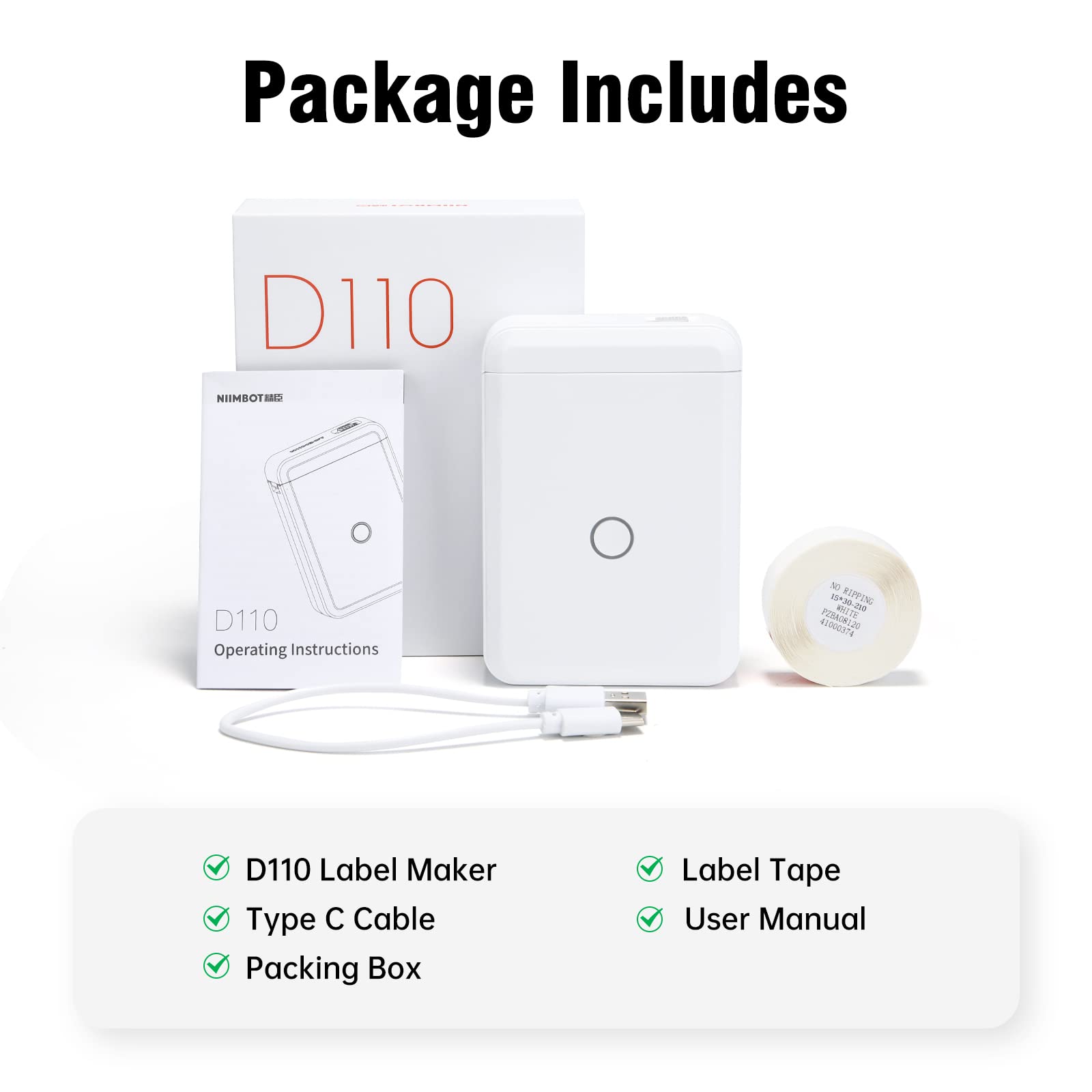 Bluetooth Thermal Label Printer D110 - Portable Inkless Label Maker with Rechargeable Battery, Multiple Templates & iOS/Android Compatibility for Home, Office, Warehouse, Shipping & Organization (White)