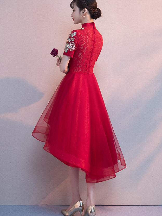 Elegant Red Applique High-Low Hem Qipao Cheongsam Dress for Women | Traditional Chinese Style Evening Gown | Perfect for Weddings, Parties, and Special Occasions