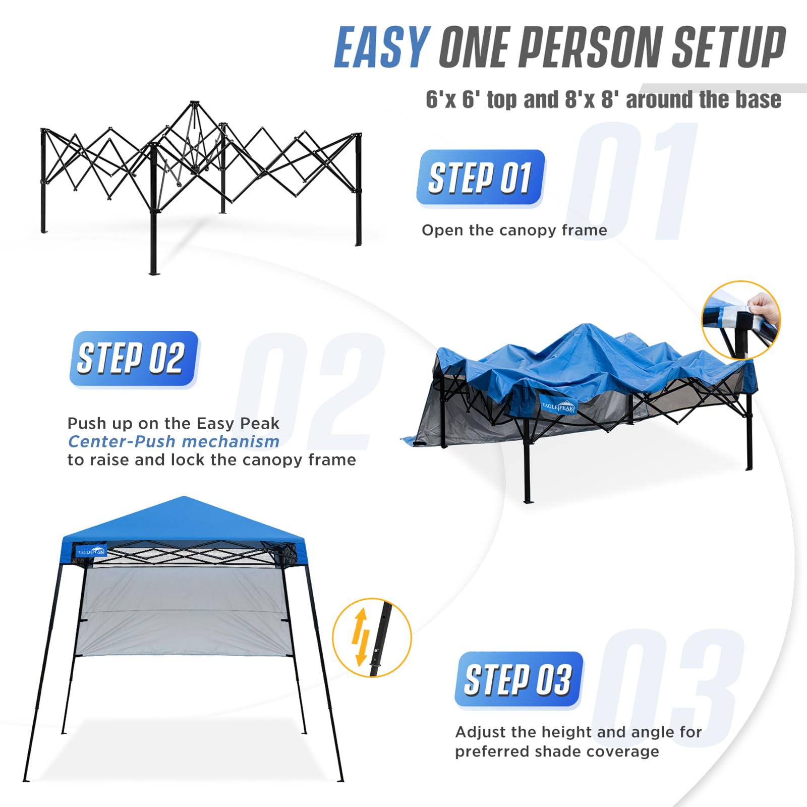 EAGLE PEAK 8x8 Pop Up Canopy Tent with Sidewall - Compact & Portable Instant Sun Shelter for Outdoor Events, Beach, Camping, Sports - 8x8 Base 6x6 Top - Blue - Perfect for Picnics, Tailgating, and Farmers Markets