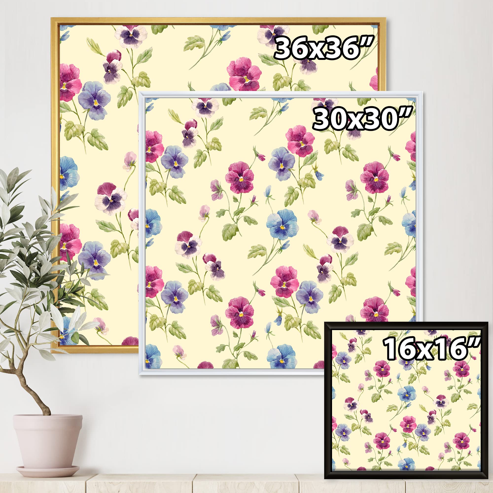 DesignQ Pink and Blue Pansy Flowers Framed Canvas Wall Art - Traditional Floral Painting for Living Room, Bedroom & Office Decor