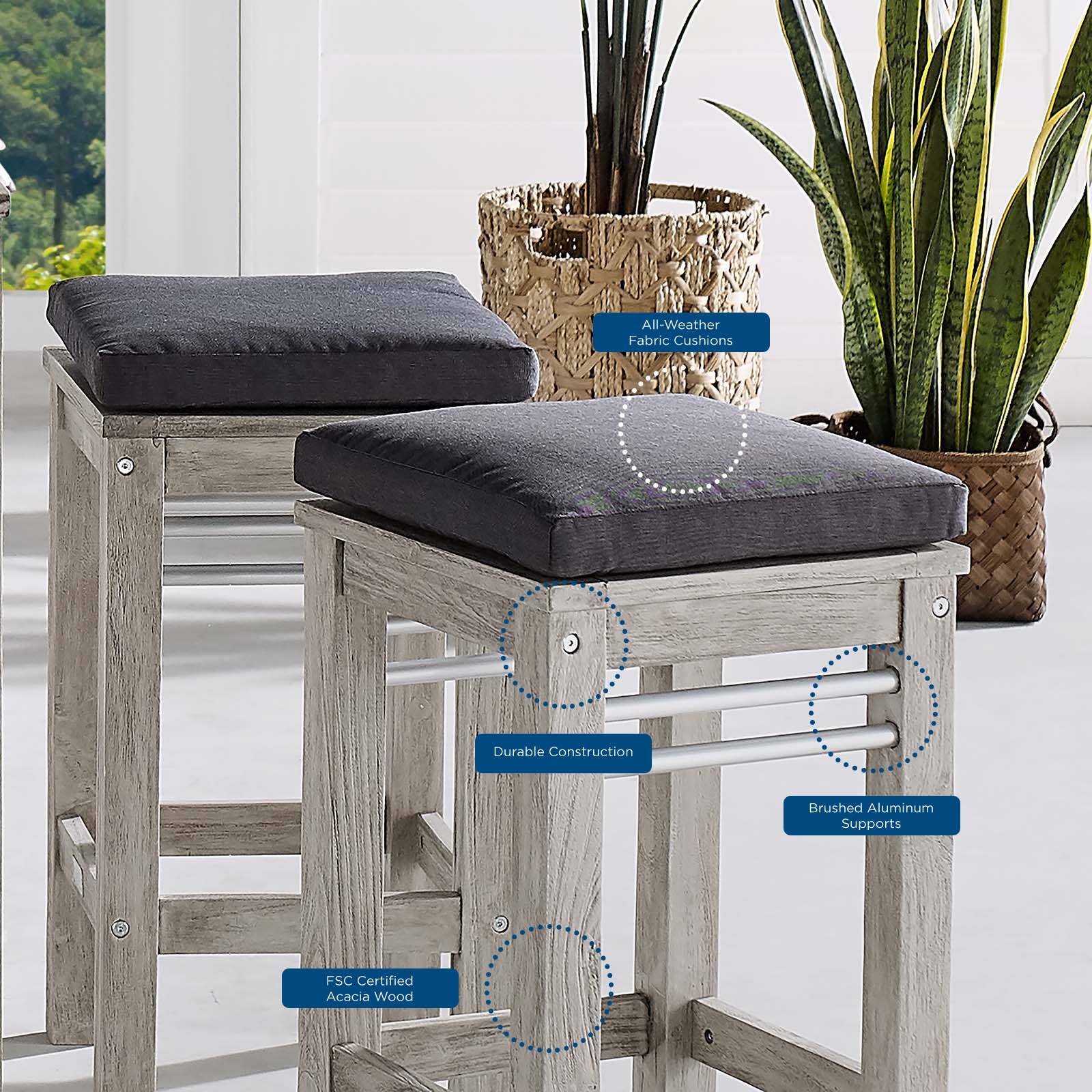 Premium Acacia Wood Bar Stool Set of 2 - Rustic Outdoor Patio Stools for Kitchen Island, Backyard, Deck & Garden - Weather-Resistant & Durable Bar Height Stools