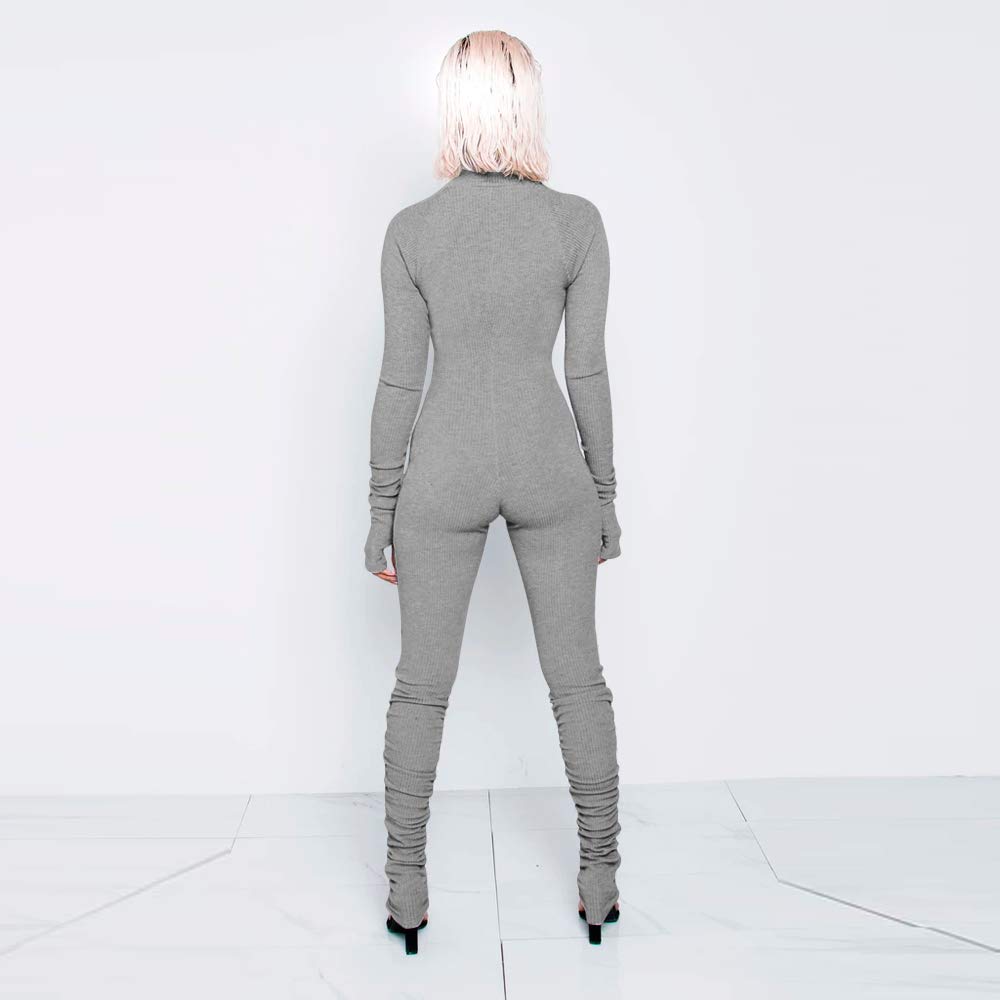 XLLAIS Women's High Neck Zipper Ruched Bodycon Jumpsuit Tracksuit with Thumb Holes - Slim Fit Workout Outfit for Yoga, Gym & Casual Wear