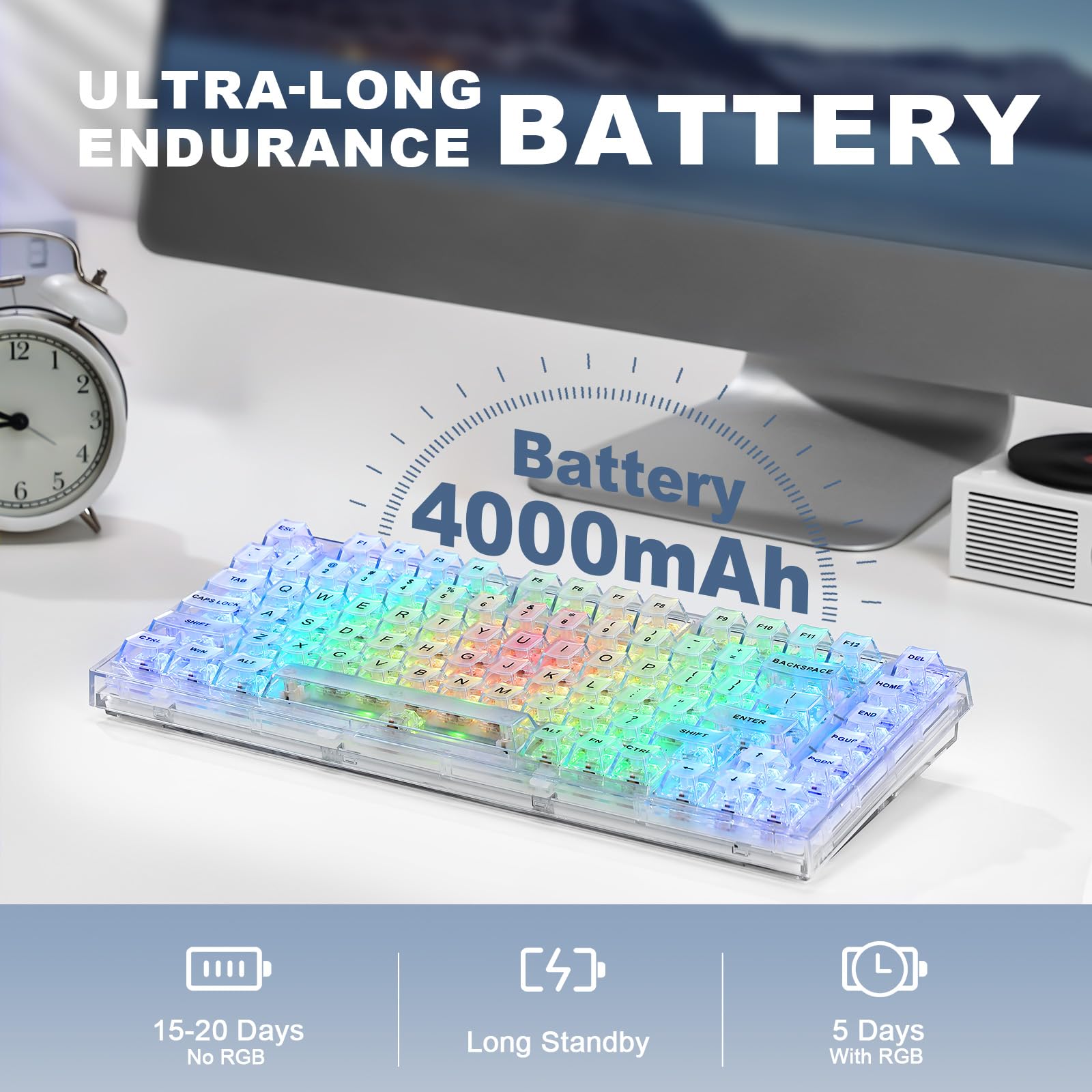 YUNZII X75 PRO 82-Key Wireless Mechanical Gaming Keyboard - Hot Swappable, Gasket Mount, BT5.0/2.4G/USB-C, Transparent Keycaps - Compatible with Windows/Mac (Crystal White Switch, Wireless-White) | Perfect for Gaming, Typing & Office Work