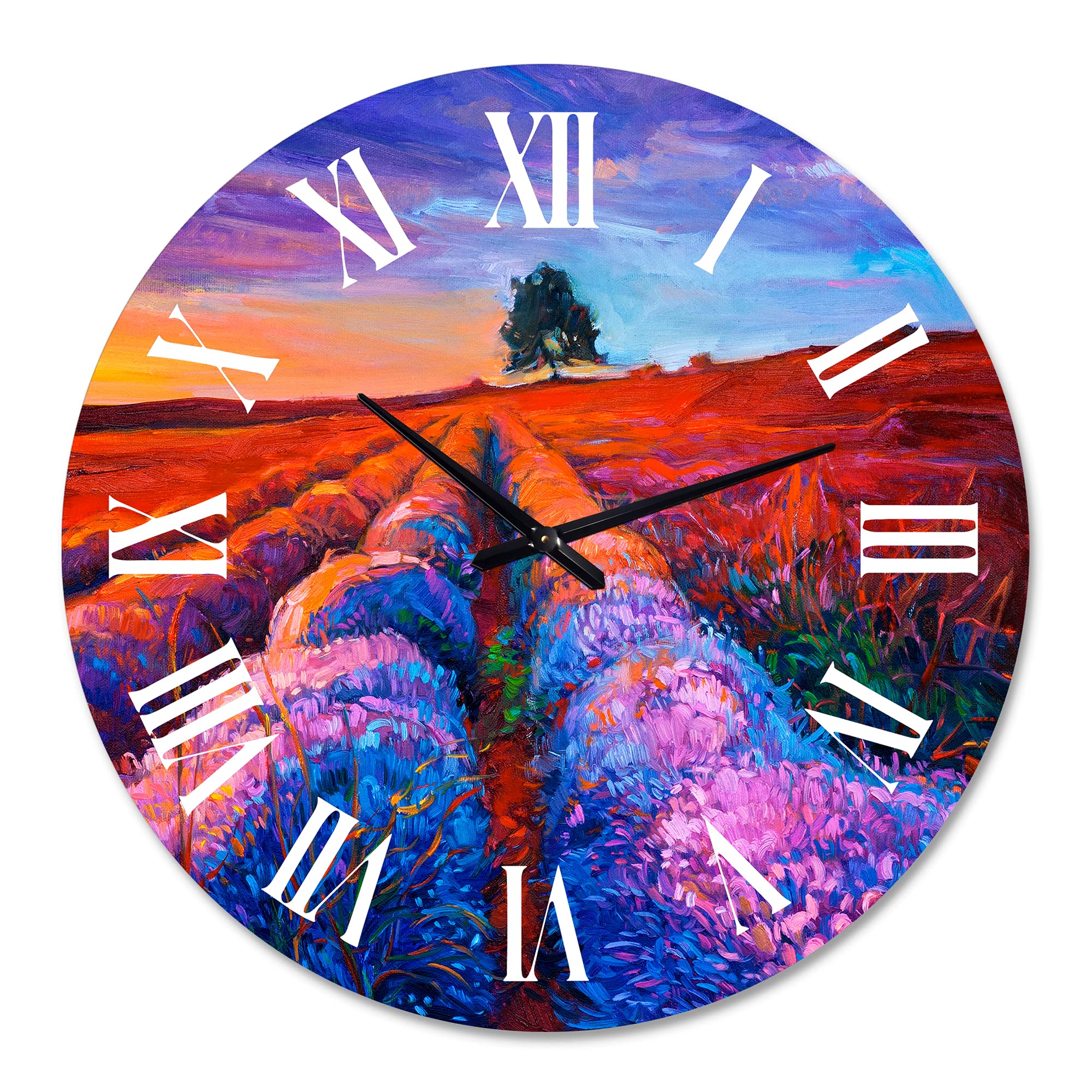 DesignQ Farmhouse Wall Clock - Large Lavender Fields Landscape with Distant Tree & Sunset Glow - Rustic Home Decor Clock for Living Room, Bedroom & Office