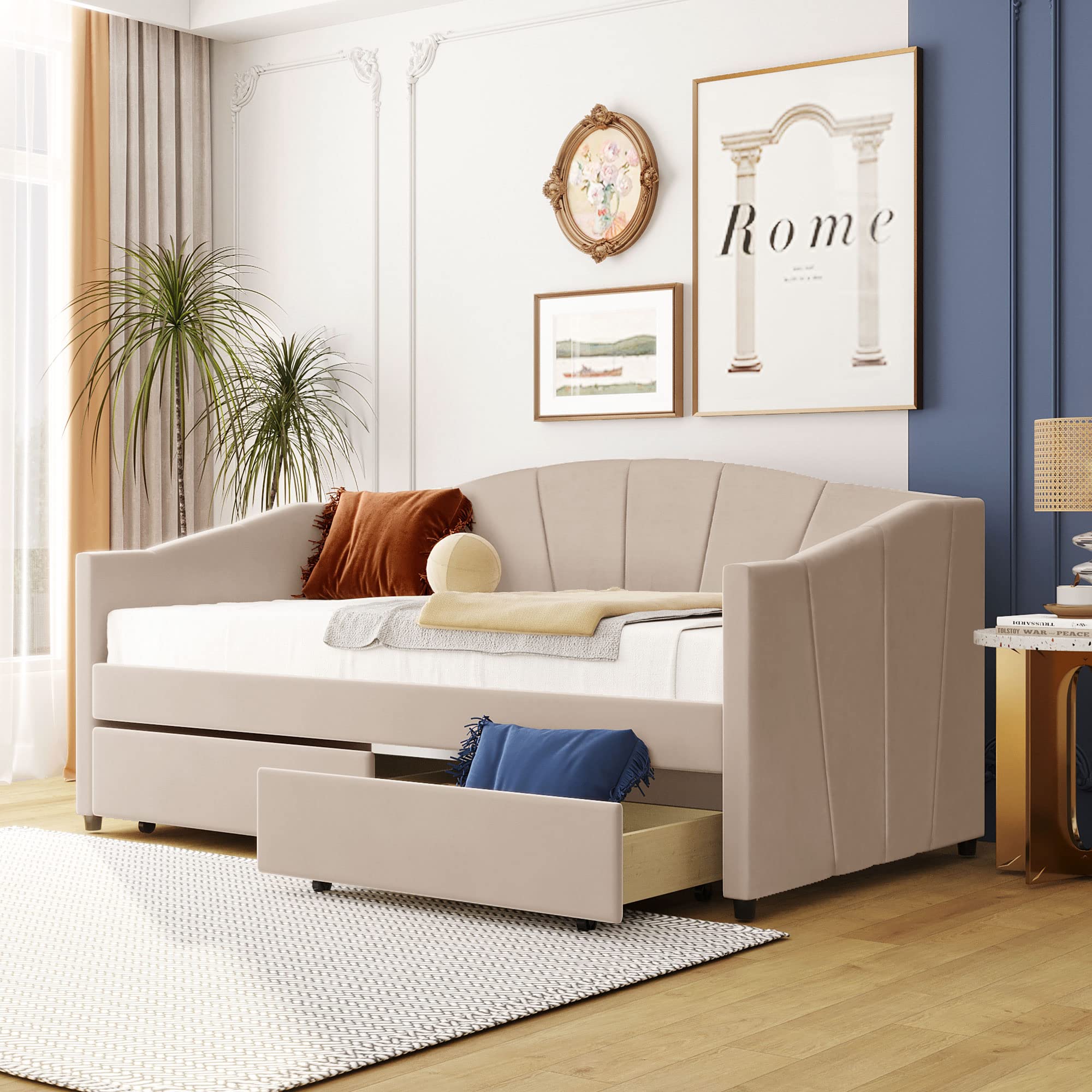 Harper & Bright Twin Daybed with Storage Drawers - Upholstered Sofa Bed for Bedroom & Living Room - Beige