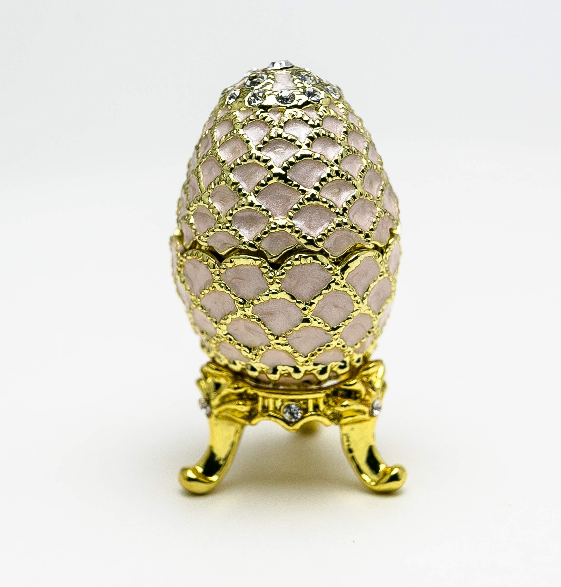 Golden White Faberge Egg Trinket Box - Russian Style Jewelry Box Decorated with Swarovski Crystals | Collectible Easter Egg for Home Decor, Gift Giving & Luxury Display