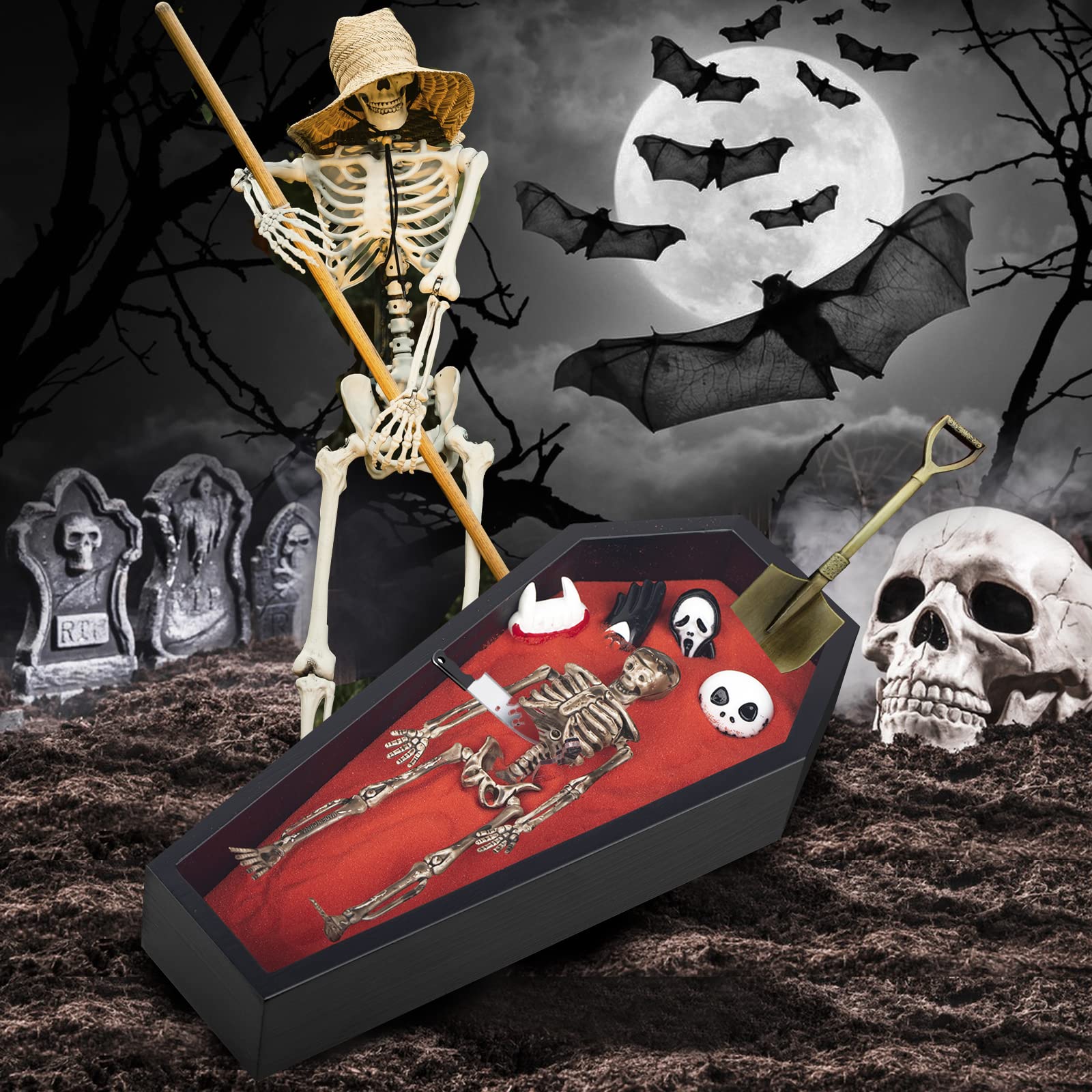 LUCHINM Coffin Zen Garden Kit for Desk - 9.2×4.5 Inch Mini Sandbox with 6 Accessories & 3 Rakes - Gothic Office Decor, Halloween Desk Accessory - Perfect for Stress Relief, Meditation & Spooky Home Décor