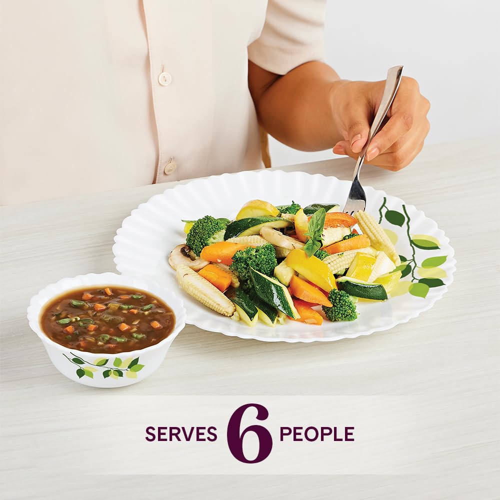 35-Piece Borosilicate Glass Dinnerware Set - Service for 6 with Stackable Plates, Bowls, Lids & Spoons - Chip & Stain Resistant, Microwave & Dishwasher Safe - White with Green Leaf Design - Perfect for Family Dinners, Parties & Everyday Use