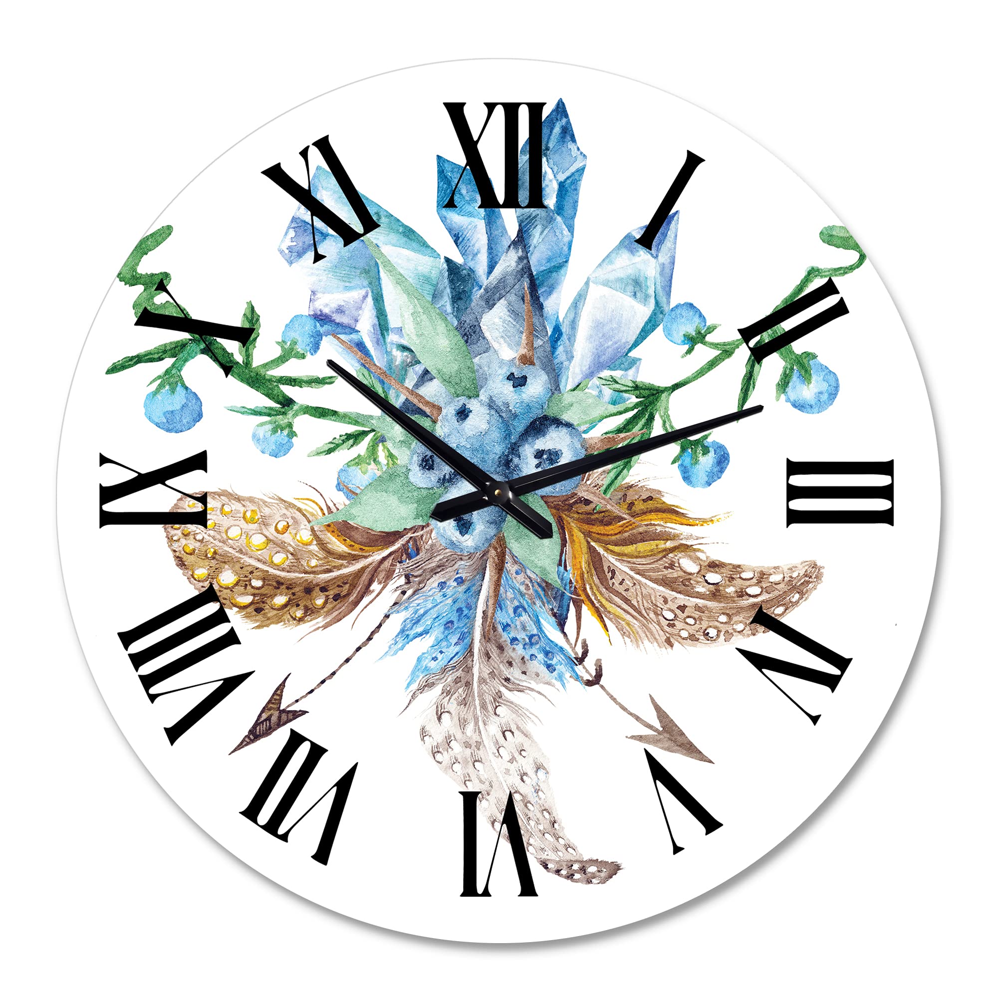 Fresh Tribal Vignette Wild Forest Wreath Design Large Wall Clock - Floral & Botanical Decor for Living Room, Bedroom, Office | Silent Non-Ticking Traditional Clock for Home & Workspace