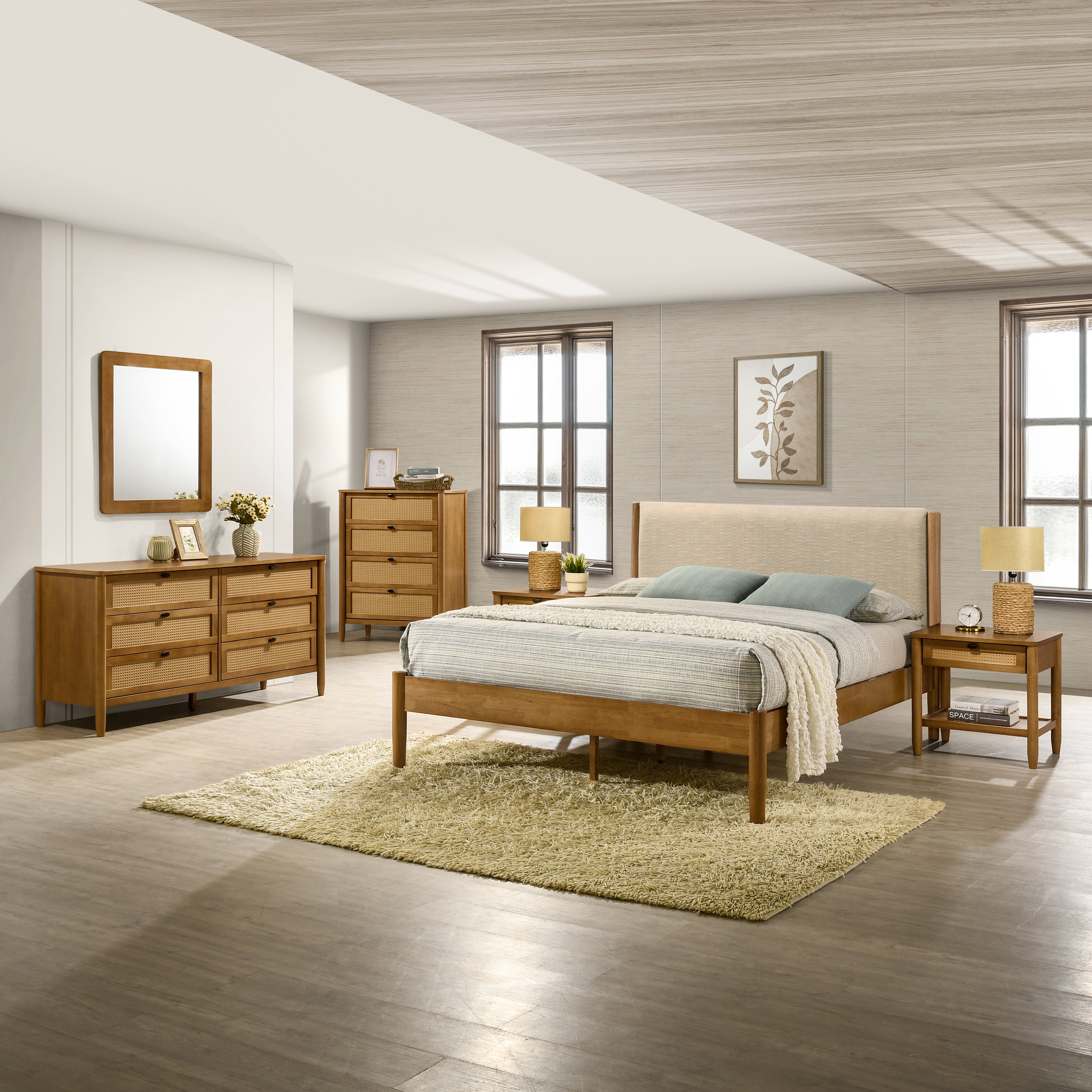 Roundhill Furniture Vichy Rattan Bedroom Set - Queen Size Light Walnut Finish Wicker Bed Frame & Nightstands - Perfect for Coastal, Boho & Farmhouse Style Bedrooms