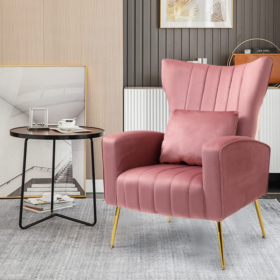 X-VOLSPORT Velvet Accent Chairs Set of 2 - Mid Century Modern High Back Living Room Chairs with Waist Pillow, Upholstered Armchairs with Gold Metal Legs for Bedroom, Club, Office & Lounge - Soft Pink Velvet Fabric for Cozy Home Decor