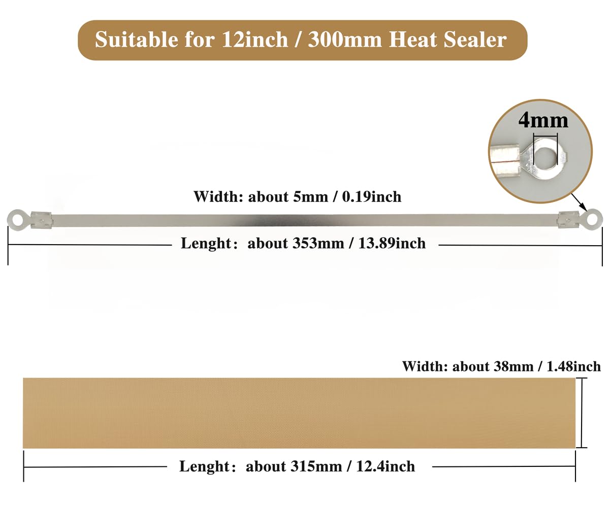 10 Pcs Impulse Sealer Replacement Parts for 12 Inch Heat Sealer - 5mm Wide Sealing Wire with 16.4ft Teflon Cloth Strip (38mm Wide) - Compatible with Most Manual 12