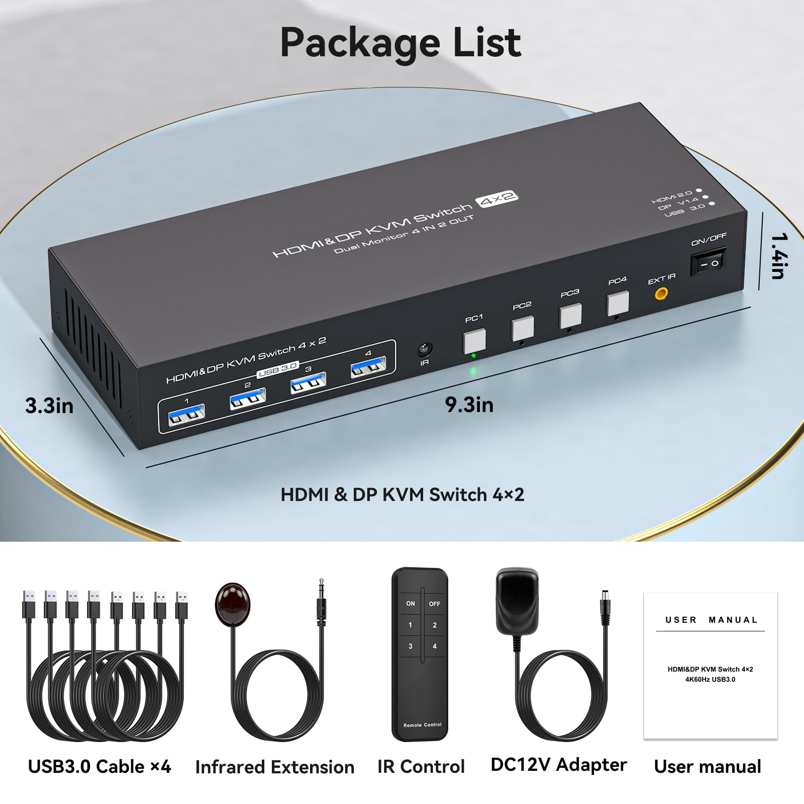 4K@60Hz DisplayPort HDMI KVM Switch for 2 Monitors & 4 Computers - Dual Monitor KVM Switch with 4 USB 3.0 Ports & IR Remote Control - Perfect for Home Office, Gaming Setup, and Multi-PC Workstations