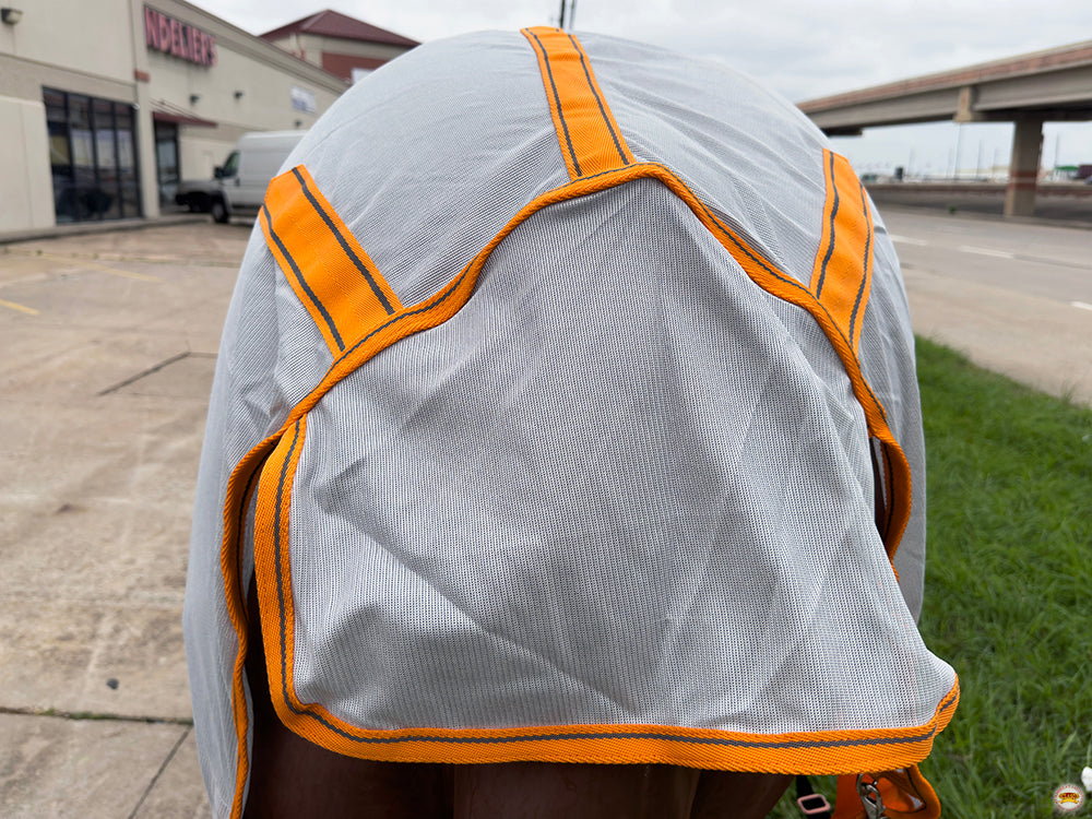 Hilason 66'' - 84'' UV Protective Mesh Horse Fly Sheet with Bug & Mosquito Shield - Summer White/Orange for Riding, Training, and Pasture Protection
