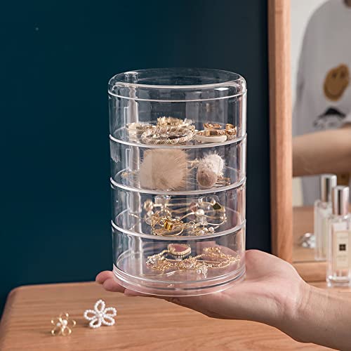 4-Layer Rotating Jewelry Organizer Box with Lid - Clear Travel Jewelry Storage Case for Rings, Earrings, Necklaces & Bracelets - Compact 4.5 x 4.5 x 7 Inch Jewelry Box for Women - Perfect for Travel, Gifts & Home Organization