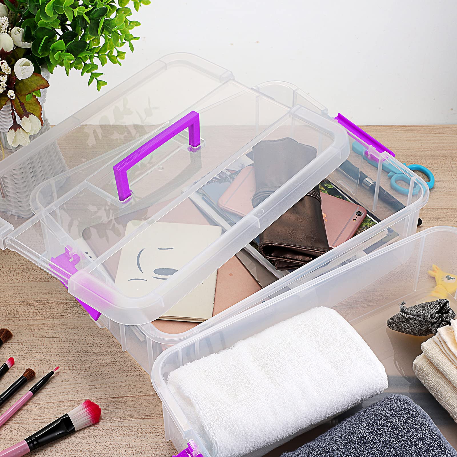 BTSKY 2 Layer Stackable Plastic Storage Box with Handle - Portable Organizer for Stationery, Art Supplies, Jewelry & Beauty Accessories - Perfect for Home, Office & Craft Room Organization (Purple)