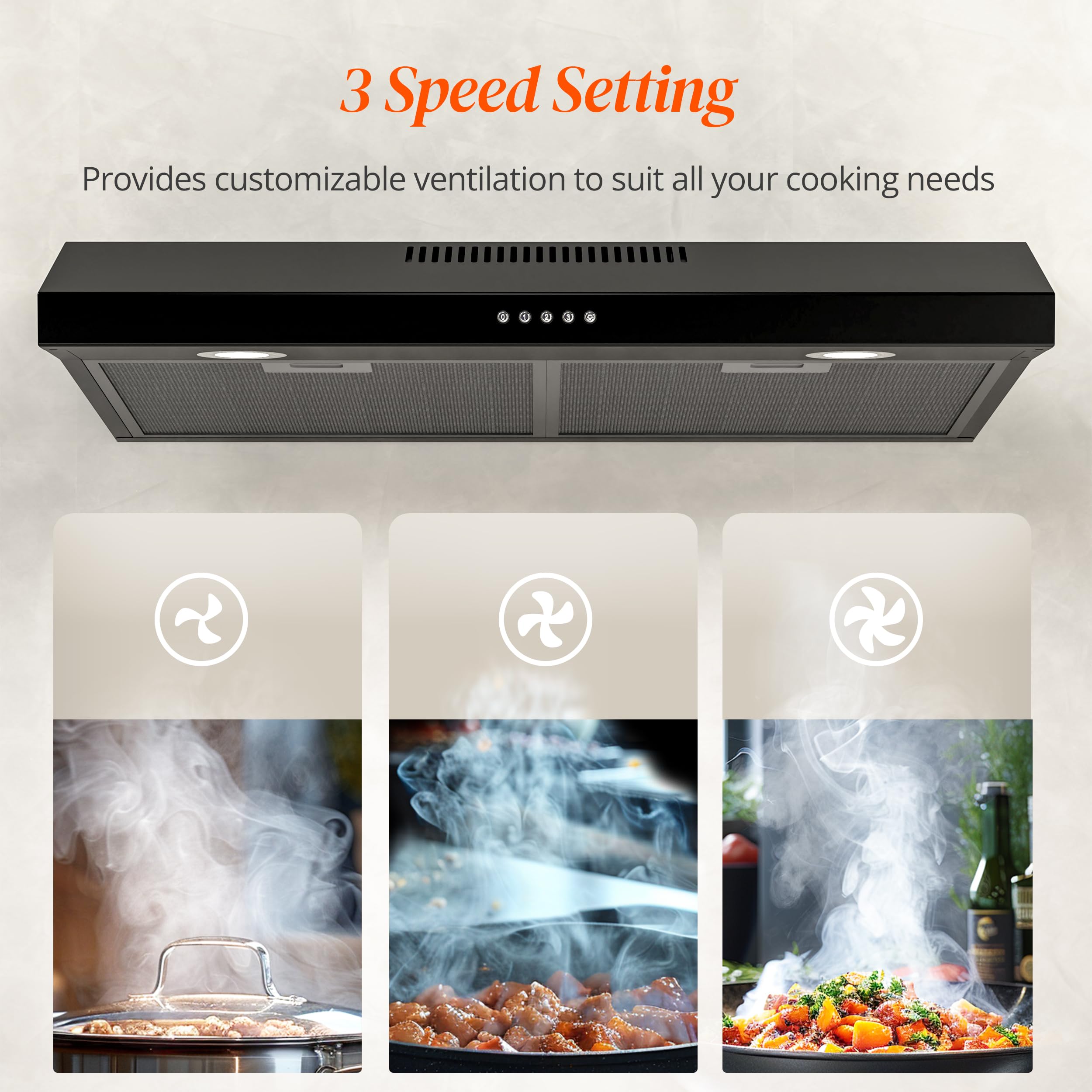 FIREGAS 30 Inch Black Under Cabinet Range Hood - 300 CFM Convertible Ducted/Ductless Kitchen Exhaust Fan with 3-Speed Brushless DC Motor & LED Lights - Perfect for Modern Kitchens, Apartments, and Small Spaces