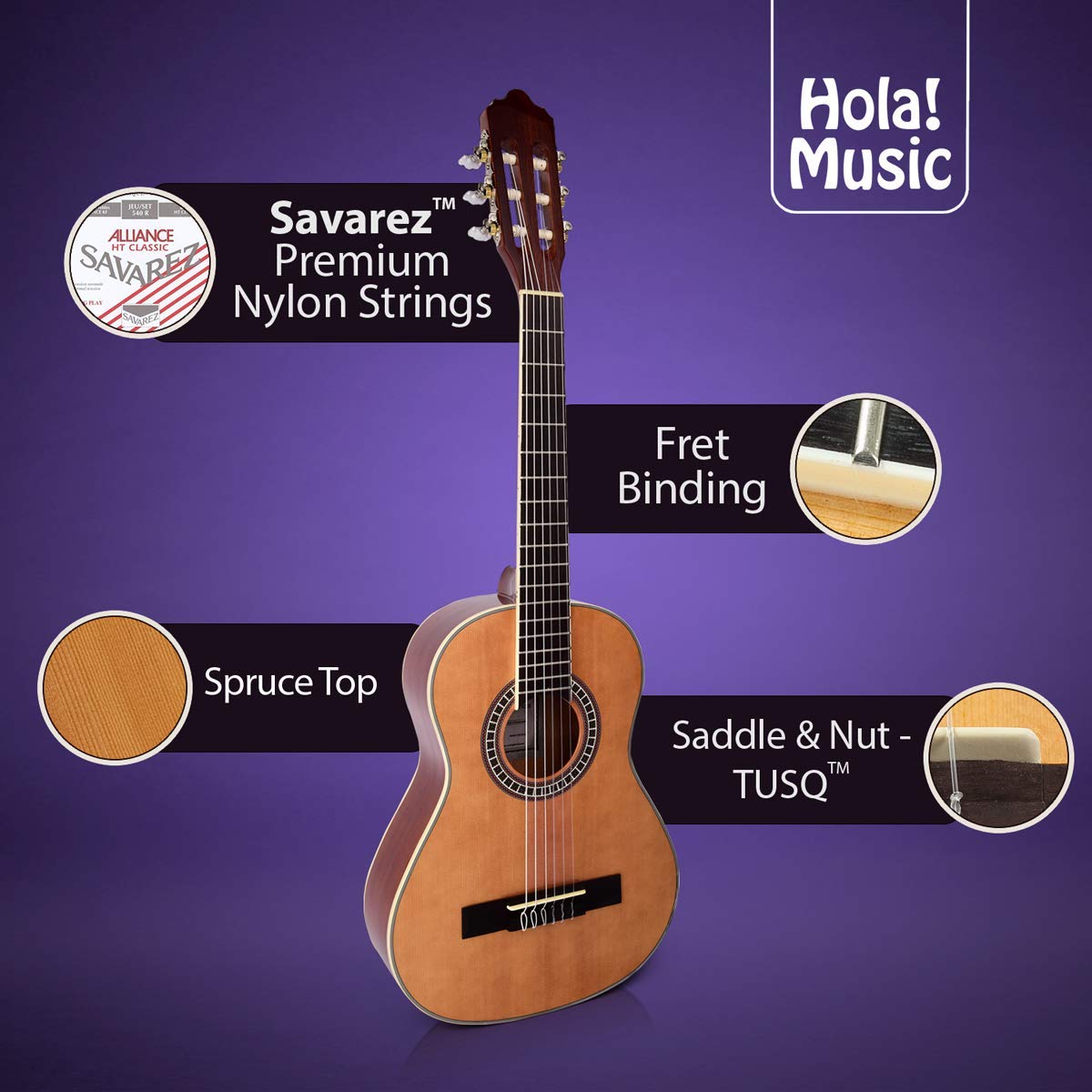 **Hola! Music 1/2 Size 34 Inch Classical Guitar for Kids - Soft Nylon Strings, Natural Gloss Finish, Includes FREE Padded Gig Bag - Perfect for Beginners, Practice & Performances**