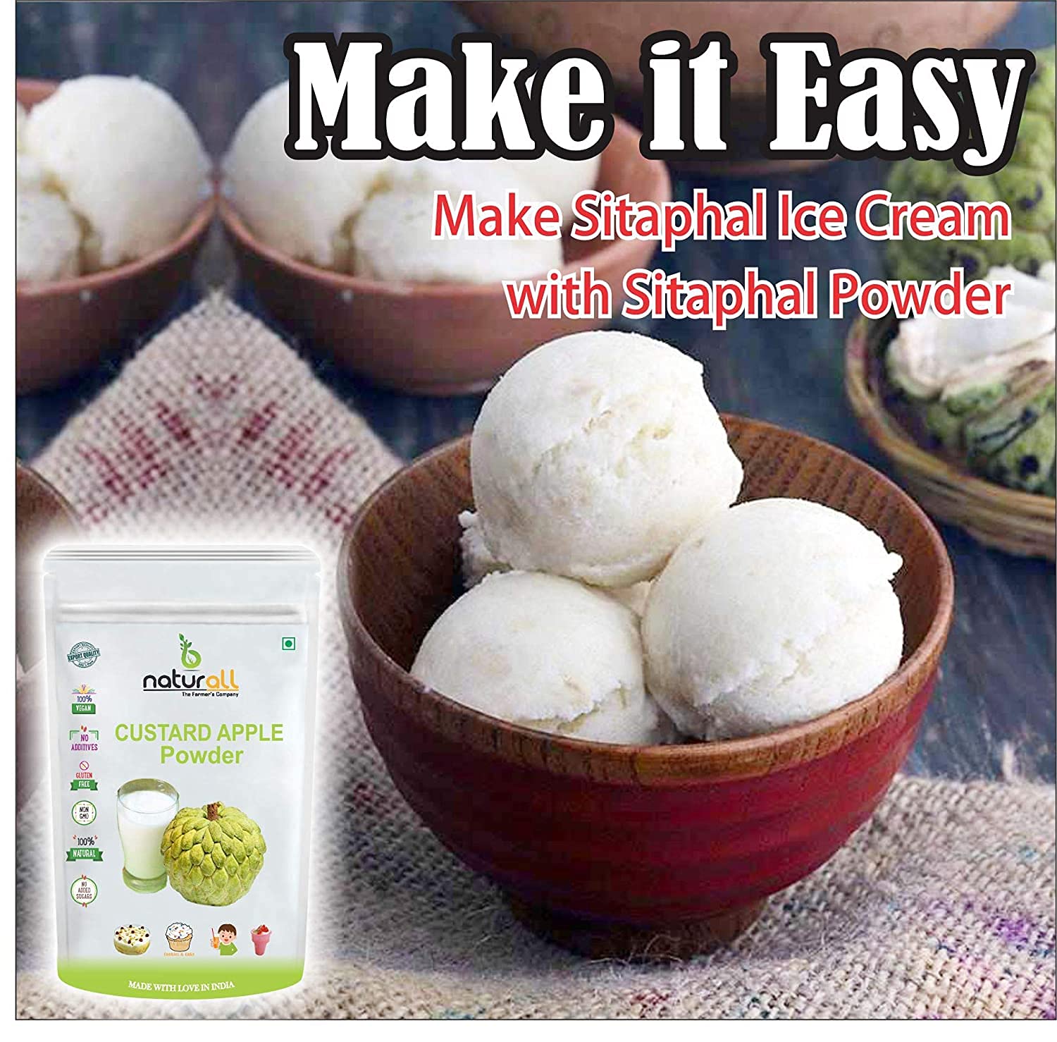 Organic Fruit Powder Combo Pack - 5 Flavors (Litchi, Apple, Mango, Chikoo, Custard Apple) 100g Each - 500g Total | Perfect for Smoothies, Baking & Healthy Snacks | by B Naturall