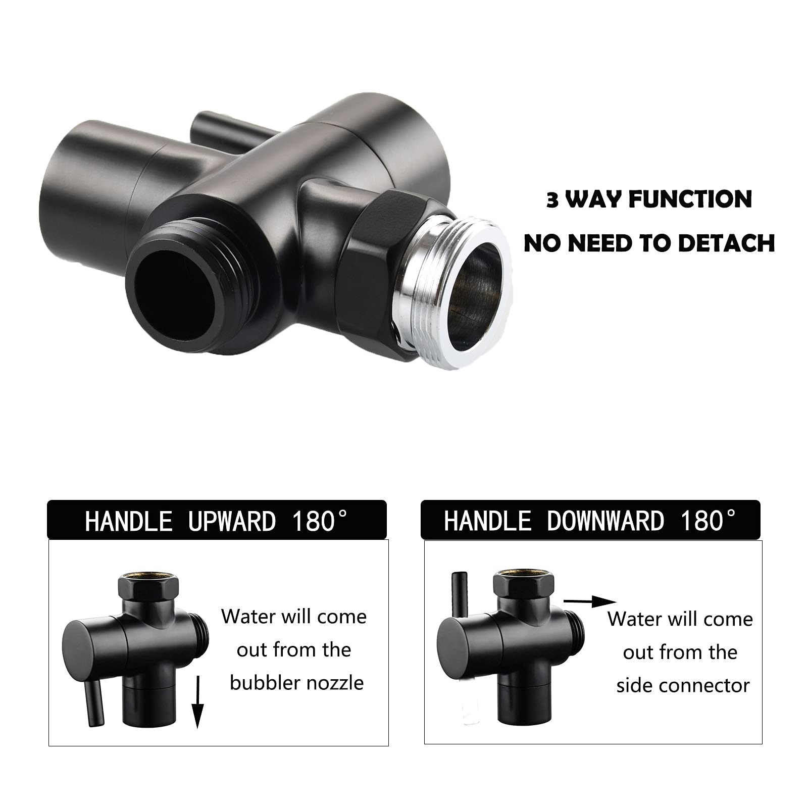 Biveah 3-Way Black Faucet Diverter - Brass Kitchen Sink to Hose Adapter (M22 to M24) - Faucet Sprayer Attachment for Garden, Pet Washing & Car Cleaning - Model KFB010B