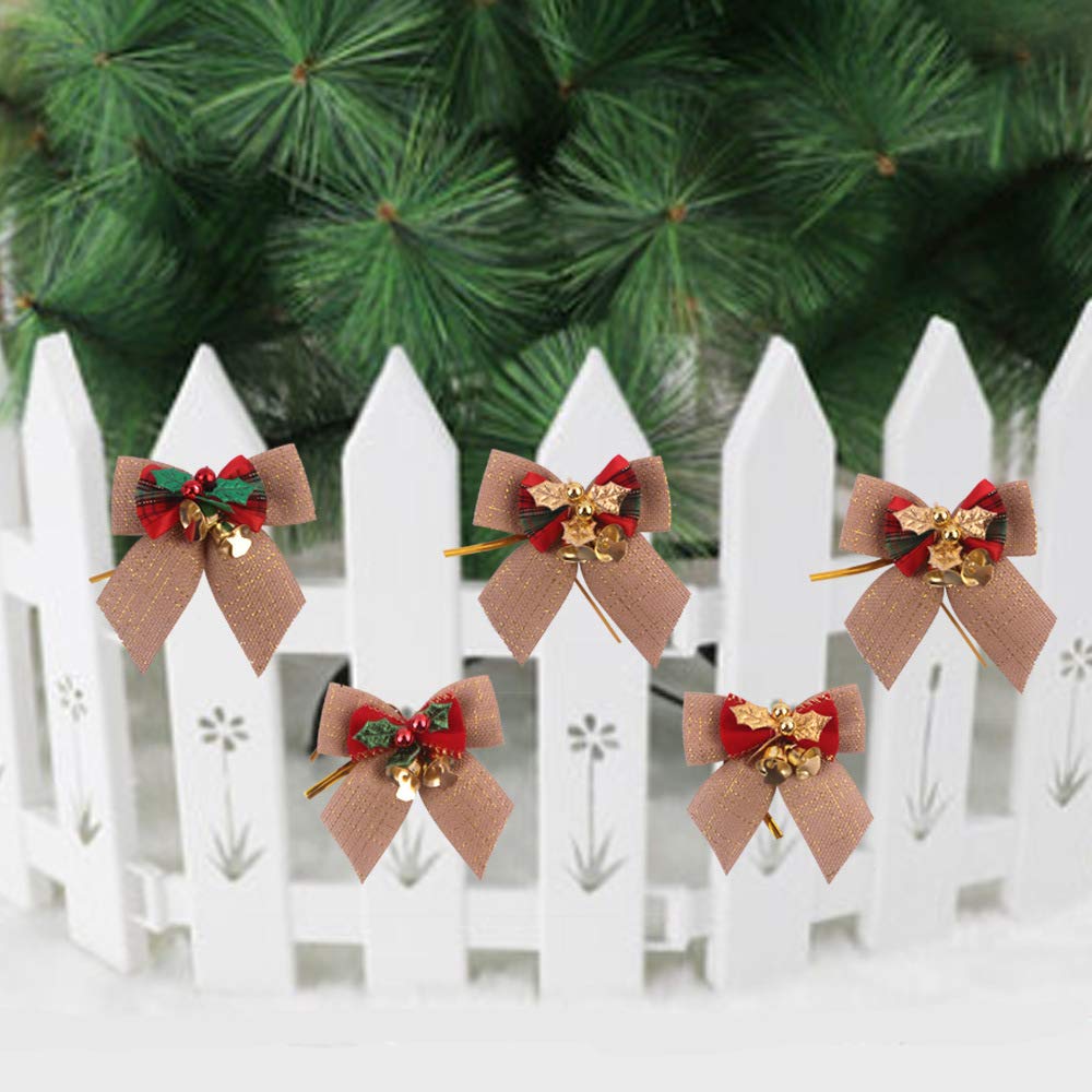8-Piece Christmas Tree Bows Set - Golden Leaf Ribbon Bows for Xmas Tree Decorations, Holiday Wreaths & Gift Wrapping - Elegant Festive Ornaments for Home & Party Decor