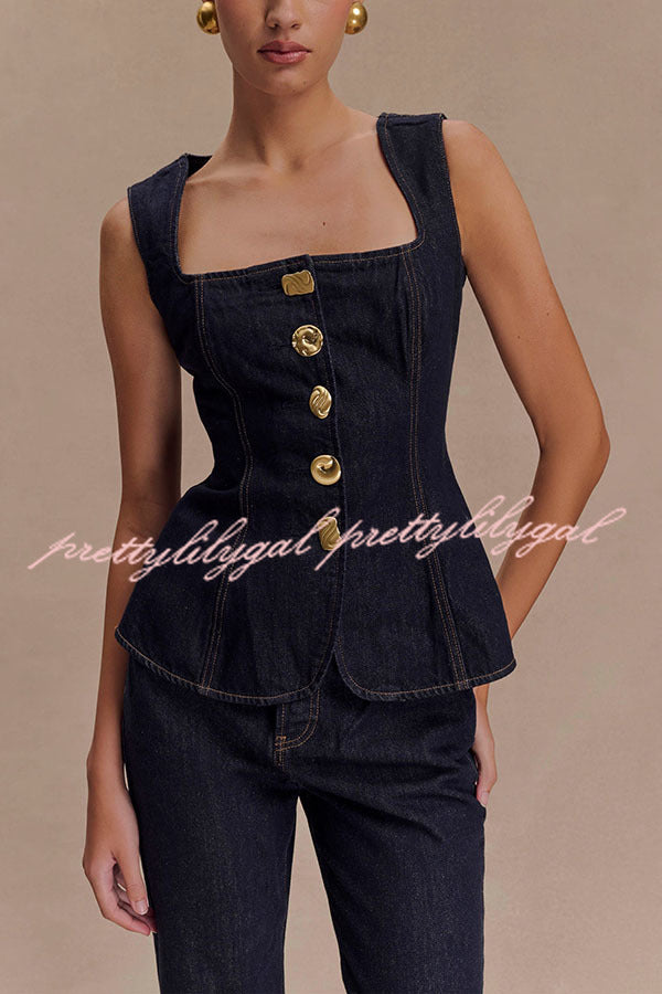 Stylish Stassi Denim Vest Top with Square Neck & Princess Seams - Button Up Fashion for Women | Perfect for Casual Outfits, Layering & Streetwear Looks
