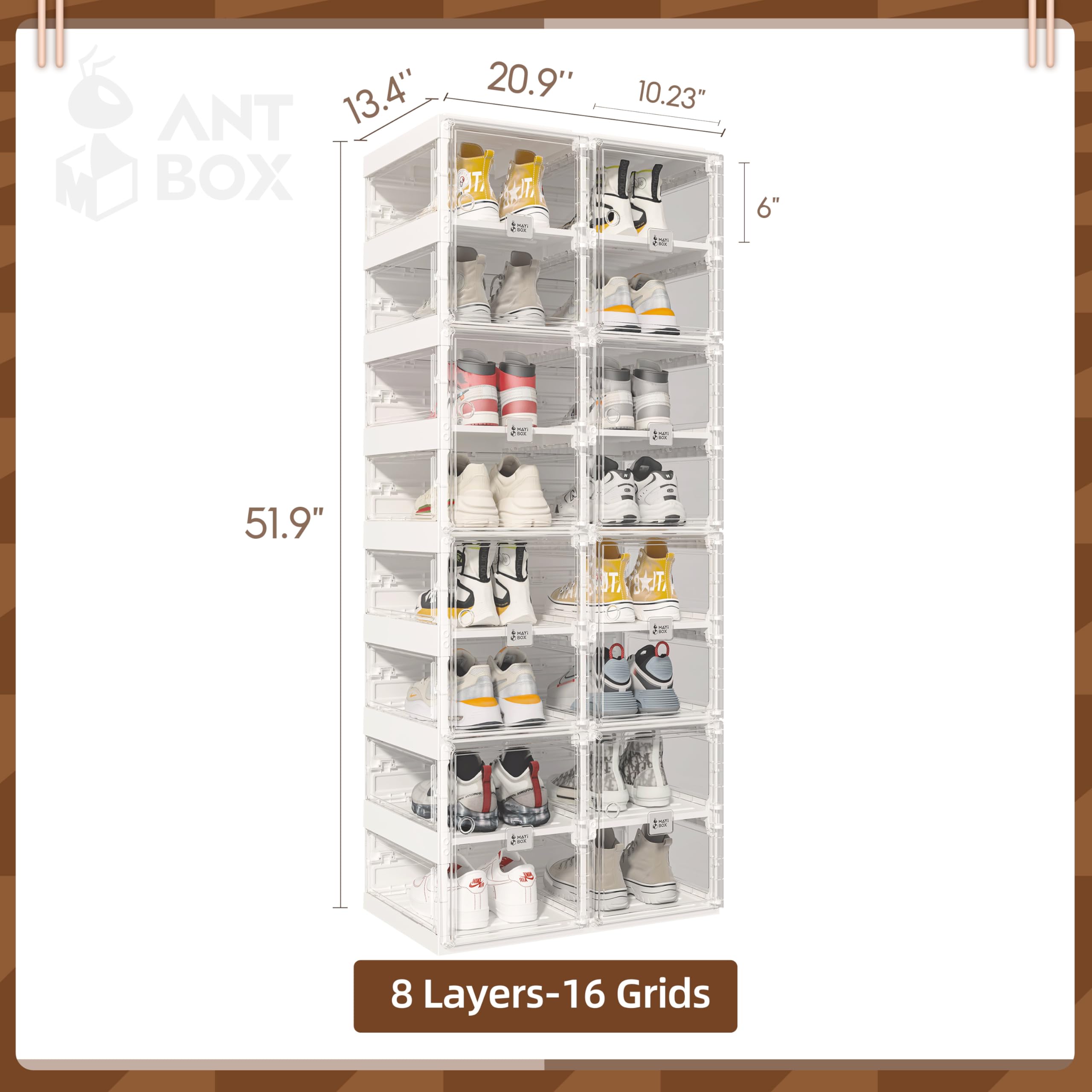 Foldable Shoe Rack - 16 Pair Stackable Shoe Storage Organizer with Magnetic Clear Door | Space Saving Plastic Shoe Cabinet for Closet, Entryway & Bedroom | Sturdy 8-Tier Sneaker Storage Bins for Men & Women