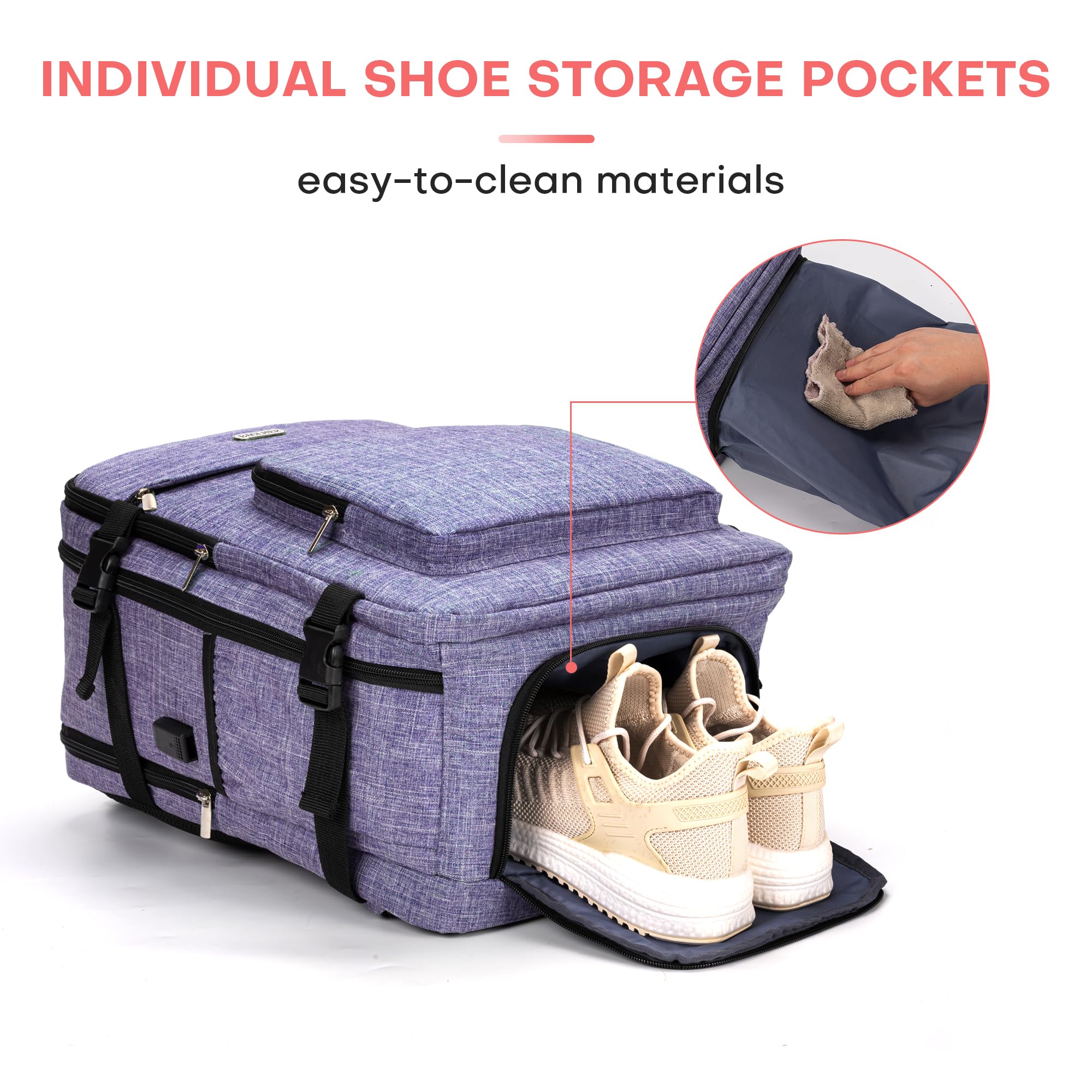 BAGLHER Travel Backpack for Airplane Carry-On - Flight Approved with USB Charging Port & Laptop/Shoe Compartment - Lightweight Business Backpack for Work, College, Business Trips (Purple) - Perfect for Commuting, Weekend Getaways & International Travel