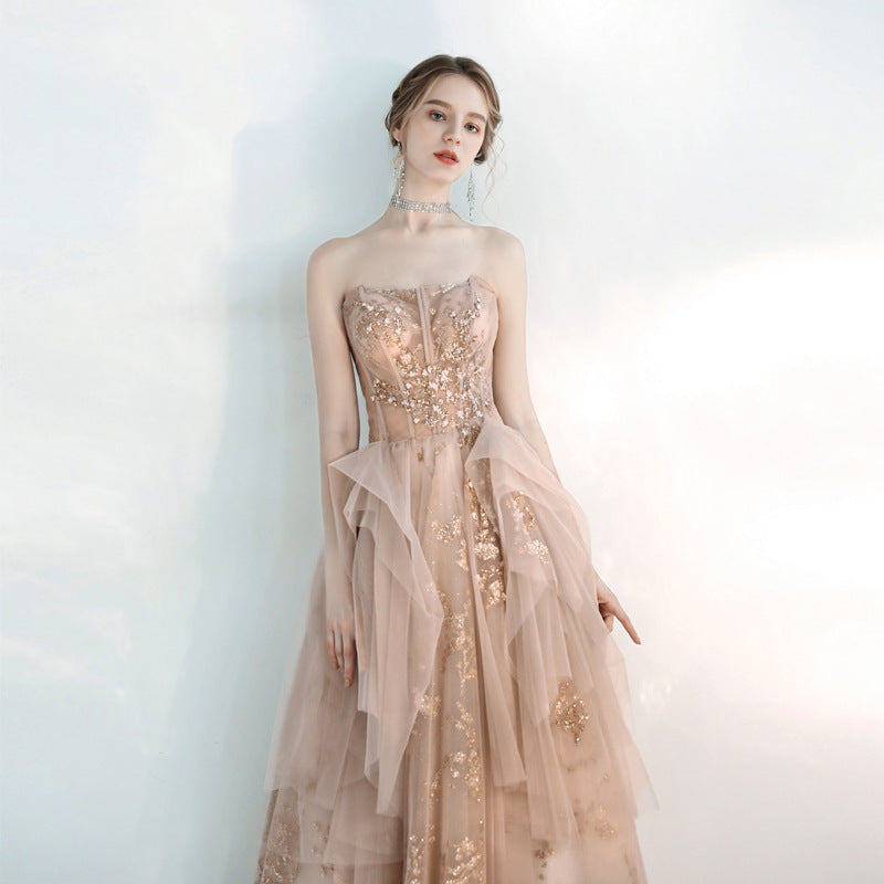 Elegant Champagne Pink Tulle Prom Dress - Strapless Long Evening Gown for Formal Parties & Special Occasions | Perfect for Homecoming, Quinceañera & Wedding Events