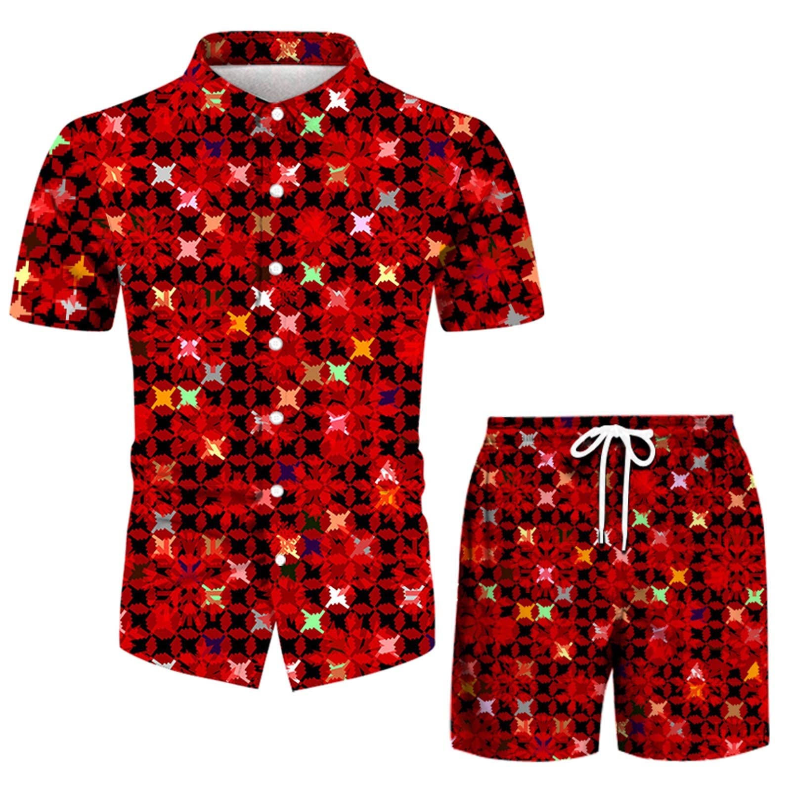 Men's Athletic Tracksuit Set - Regular Fit Graphic Summer Henley T-Shirt & Pants - Shrink-Resistant Red Sportswear for Gym, Running & Casual Wear