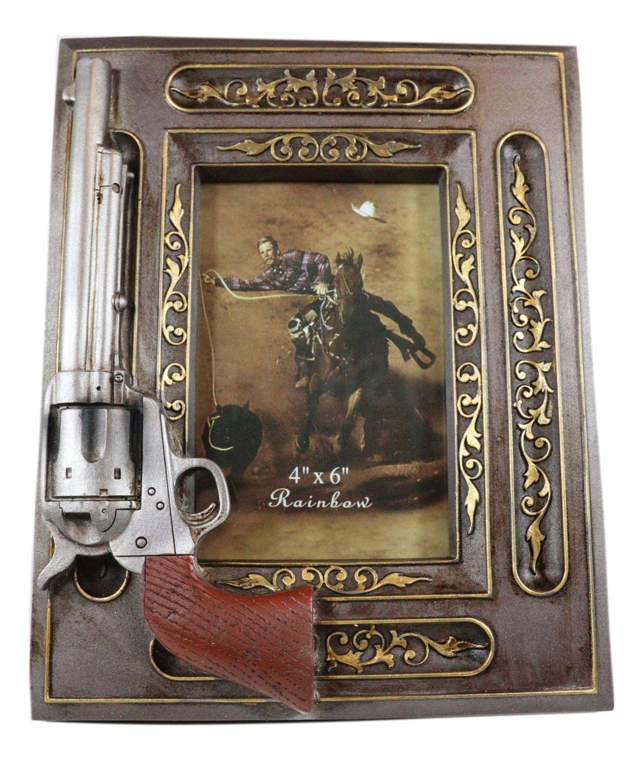 Ebros Gift Western Wild West Pistol Revolver Gun with Golden Floral Scrollwork - Faux Wood 4x6 Picture Frame for Desktop or Wall Decor - Perfect for Cowboy Themed Rooms, Western Home Decor, and Gift Giving